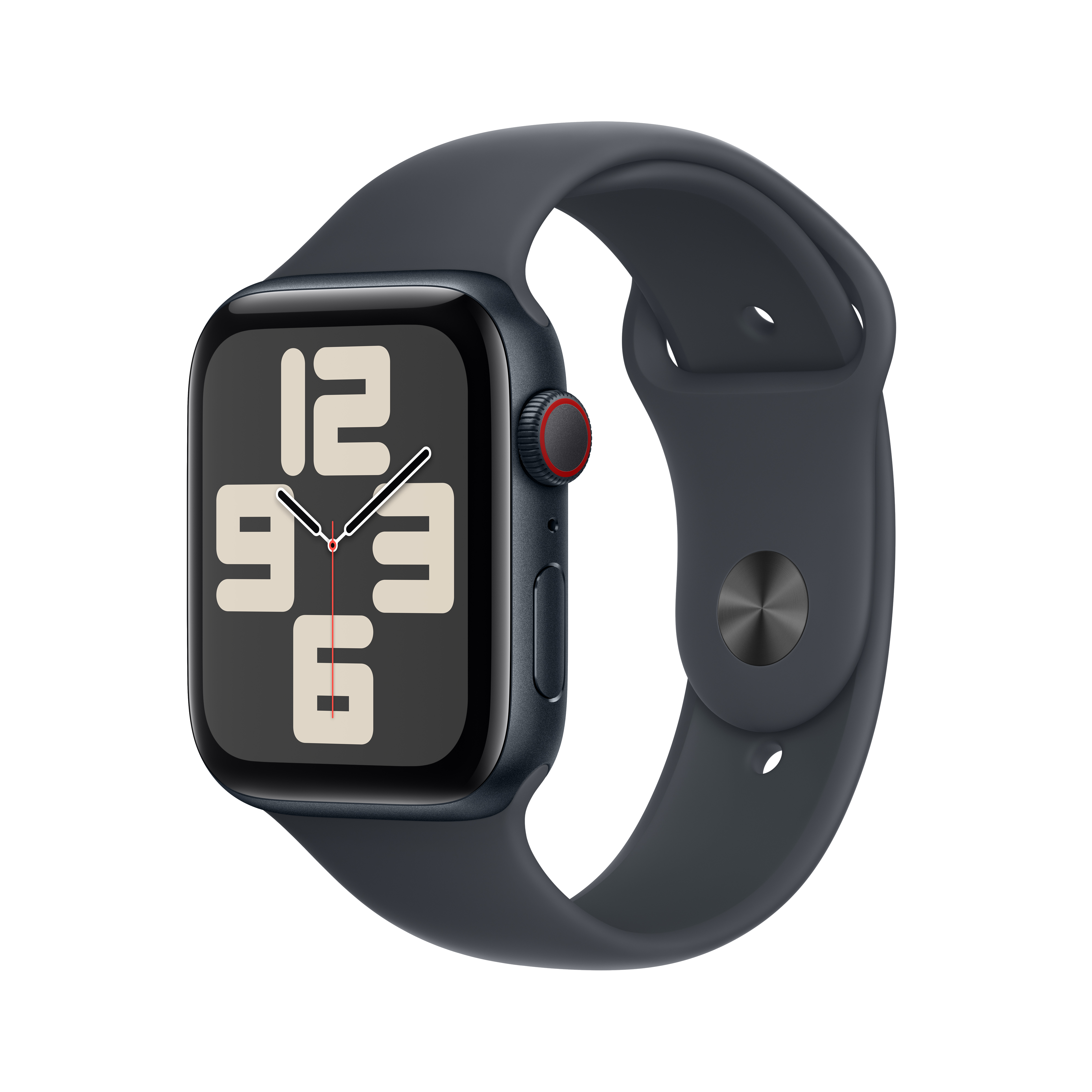 Koyu mavi kasalı ve kayışlı Apple Watch, 09:36 zamanını gösteriyor.