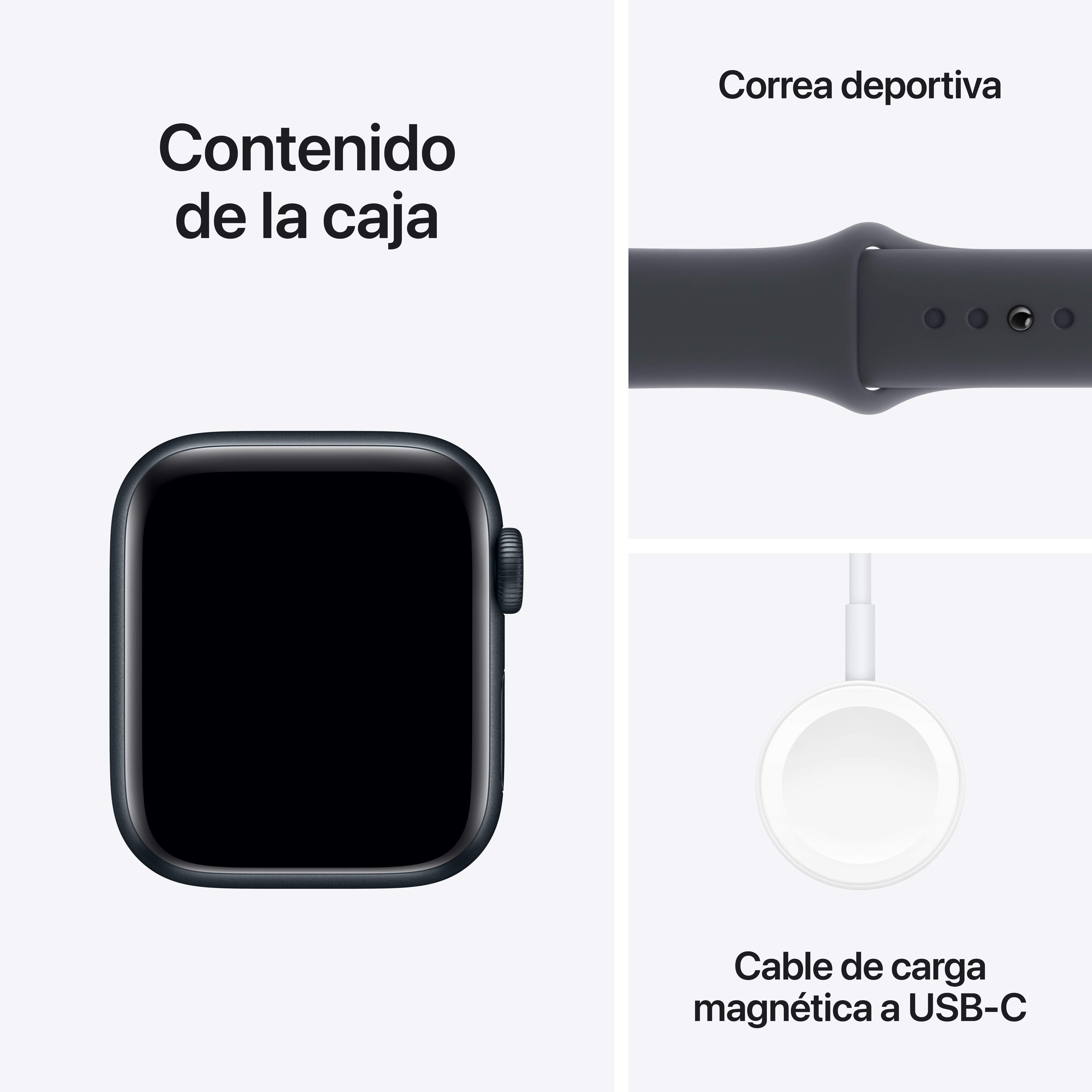 Apple Watch, una correa y un cable de carga magnético USB-C.