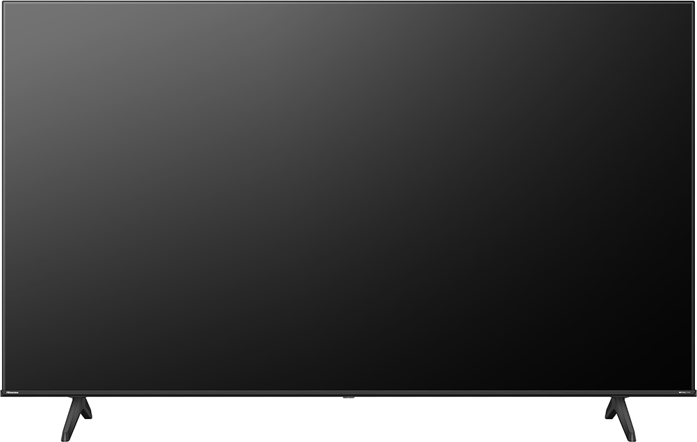 Egy nagy fekete TV, állványon. A képernyő sötét. A TV vékony kerettel és lábakkal rendelkezik.