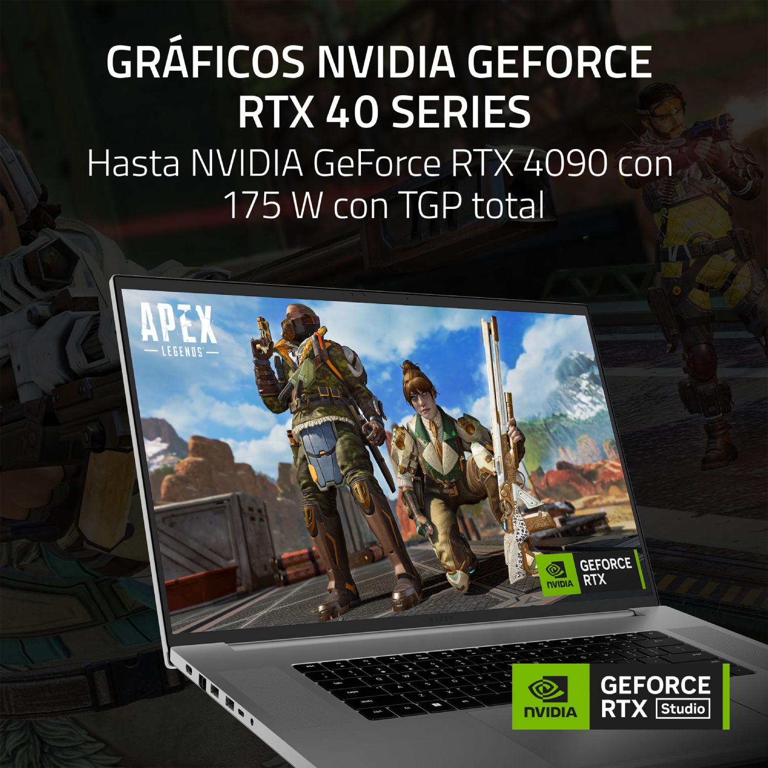 Portátil mostrando un juego, logo gráficos NVIDIA GeForce RTX.