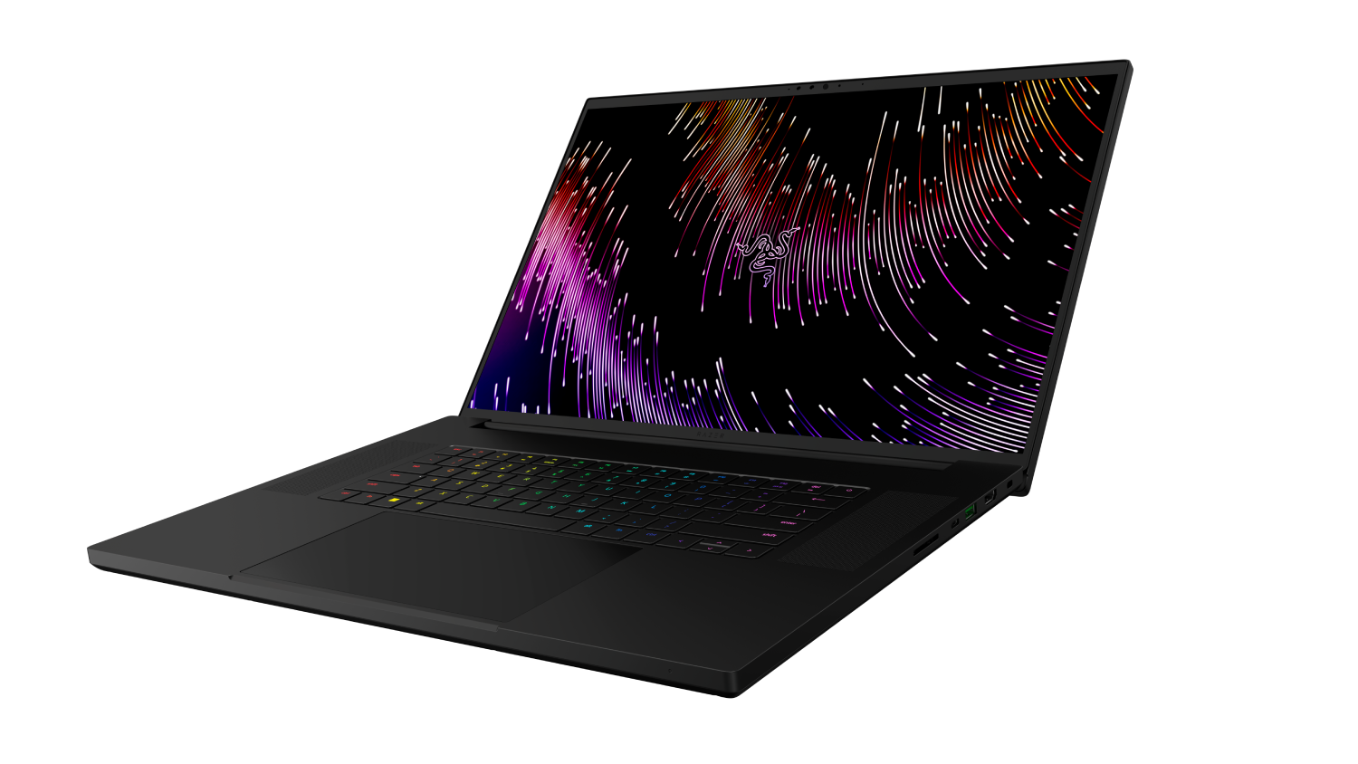 Un portátil negro con una pantalla colorida de líneas y un teclado arcoíris, sobre un fondo negro.