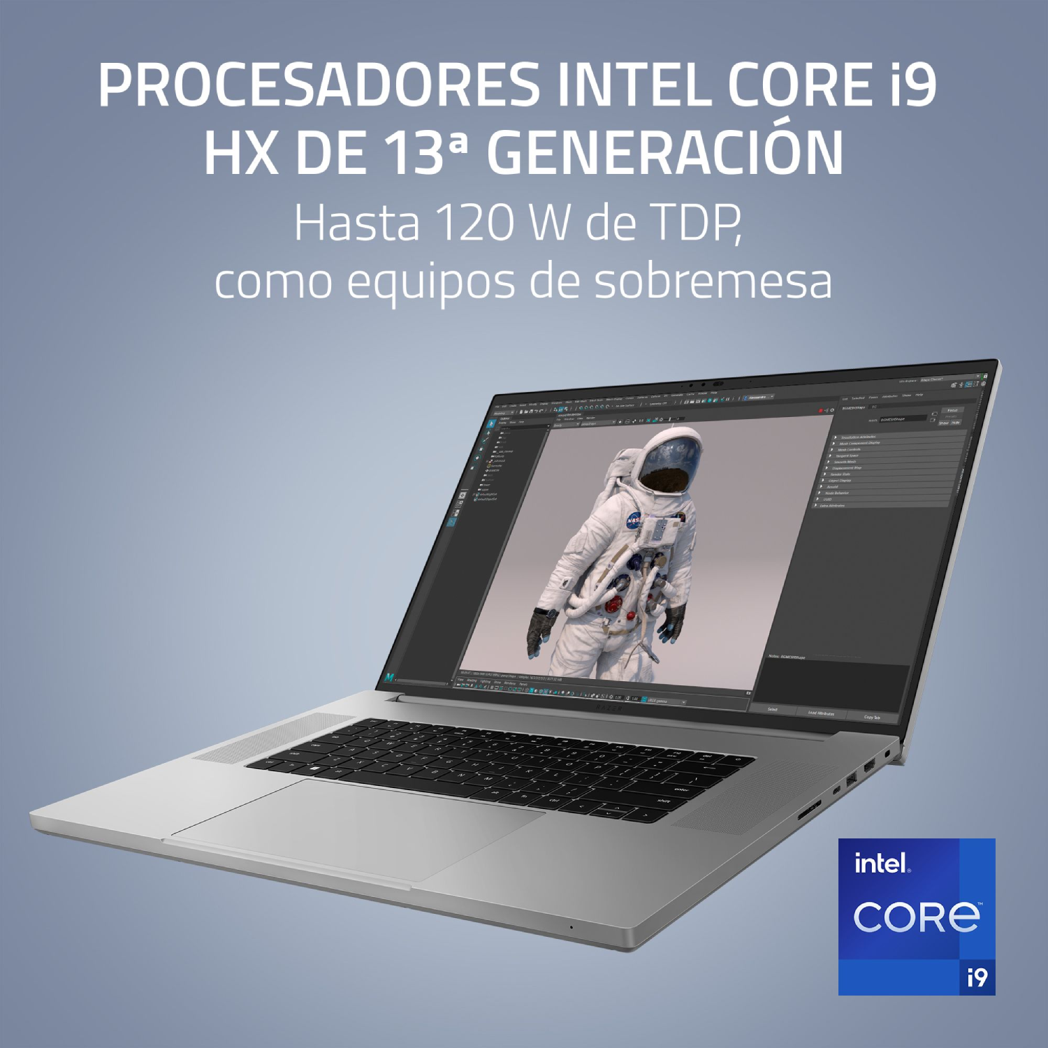Un portátil con un gráfico de astronauta en pantalla y un logotipo Intel Core i9 abajo.
