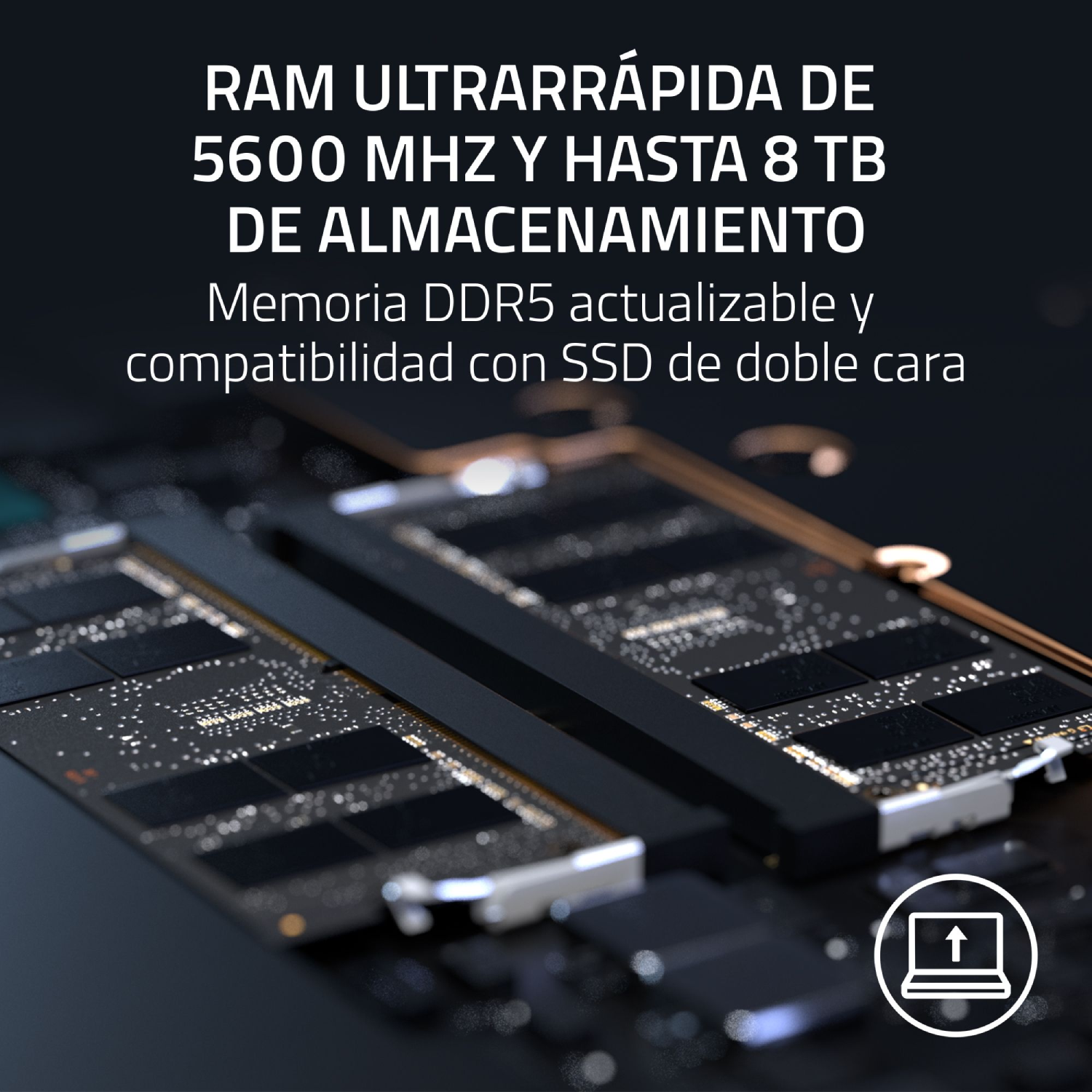 Primer plano de módulos de RAM de ordenador con texto sobre velocidad y almacenamiento.