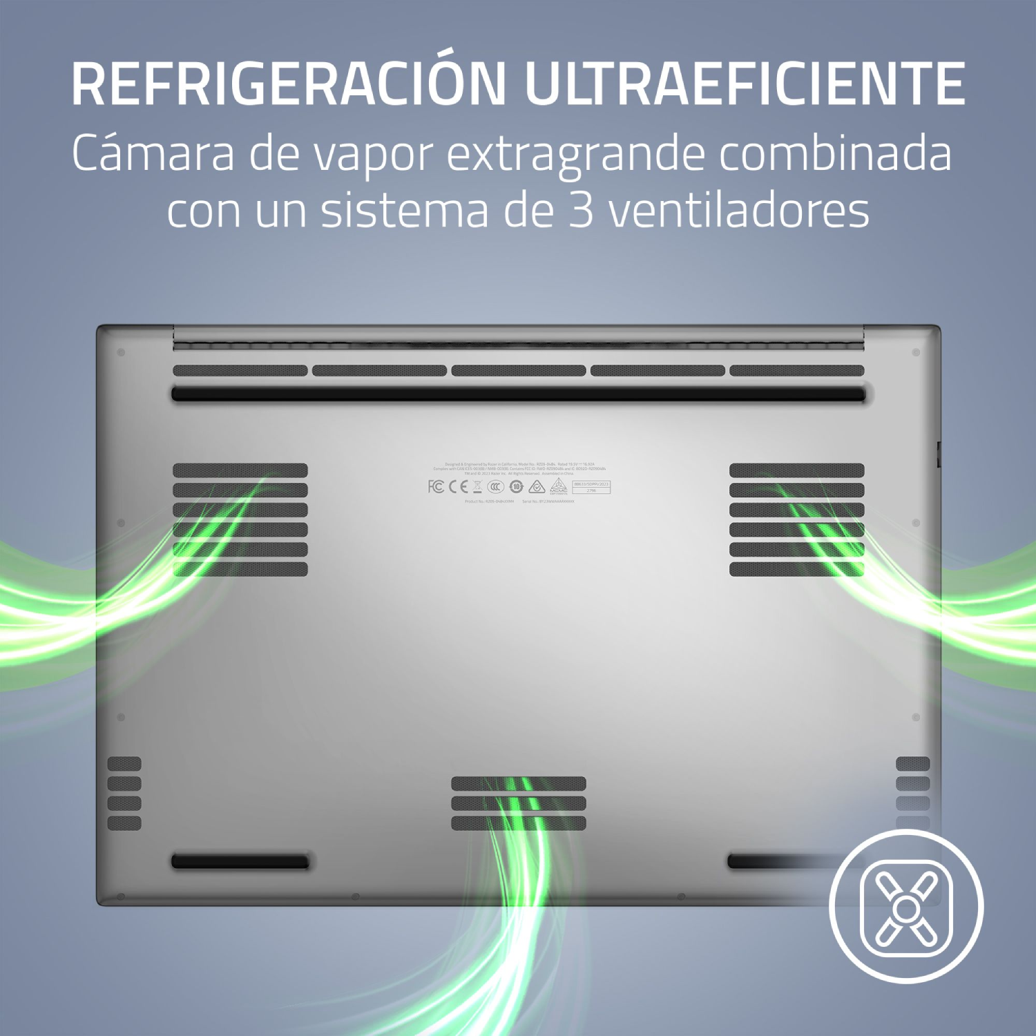 Vista inferior de portátil con ranuras y diseño de ventilador, con flujos de luz.