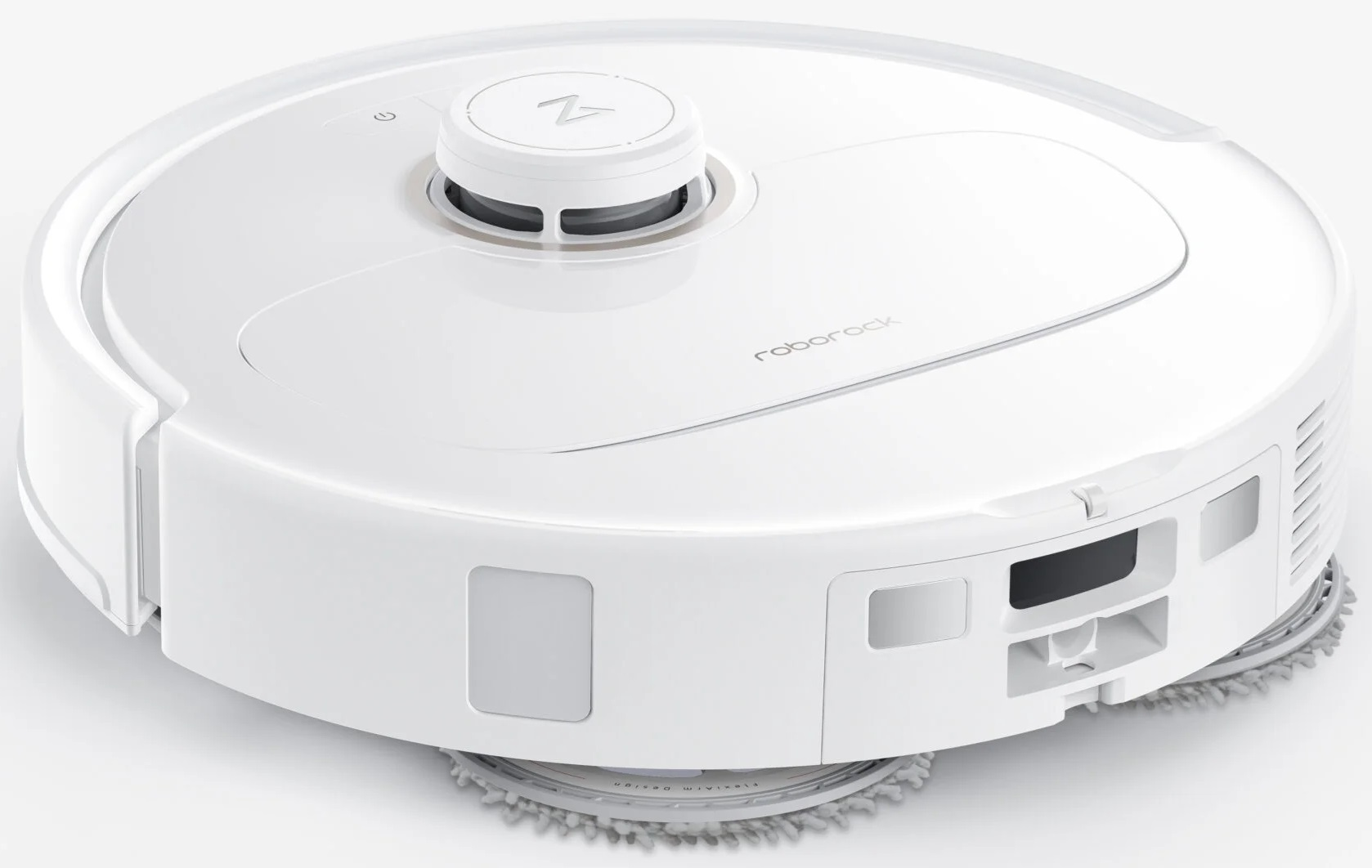 Biały robot odkurzający. Widok z góry pokazuje okrągły kształt i szczegóły.