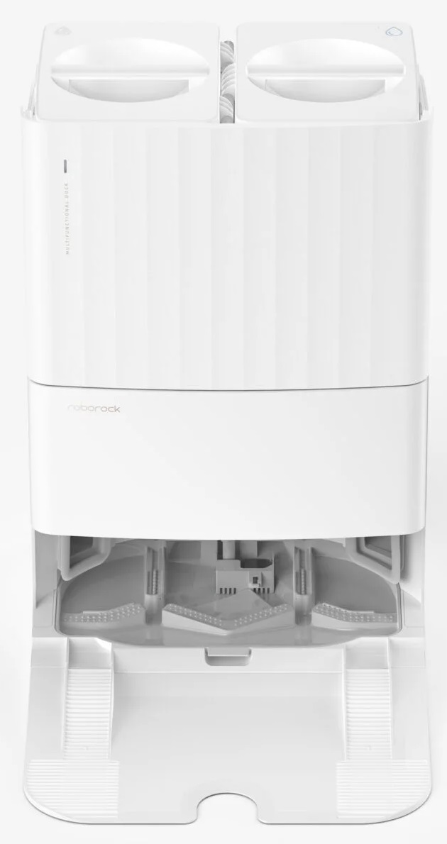 Biała, pionowa stacja bazowa odkurzacza z dwoma przegrodami i przednią tacą.