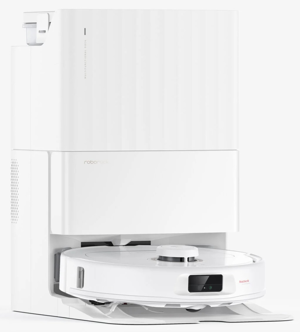 Biały robot odkurzający z samooczyszczającą się stacją dokującą i stacją ładowania.