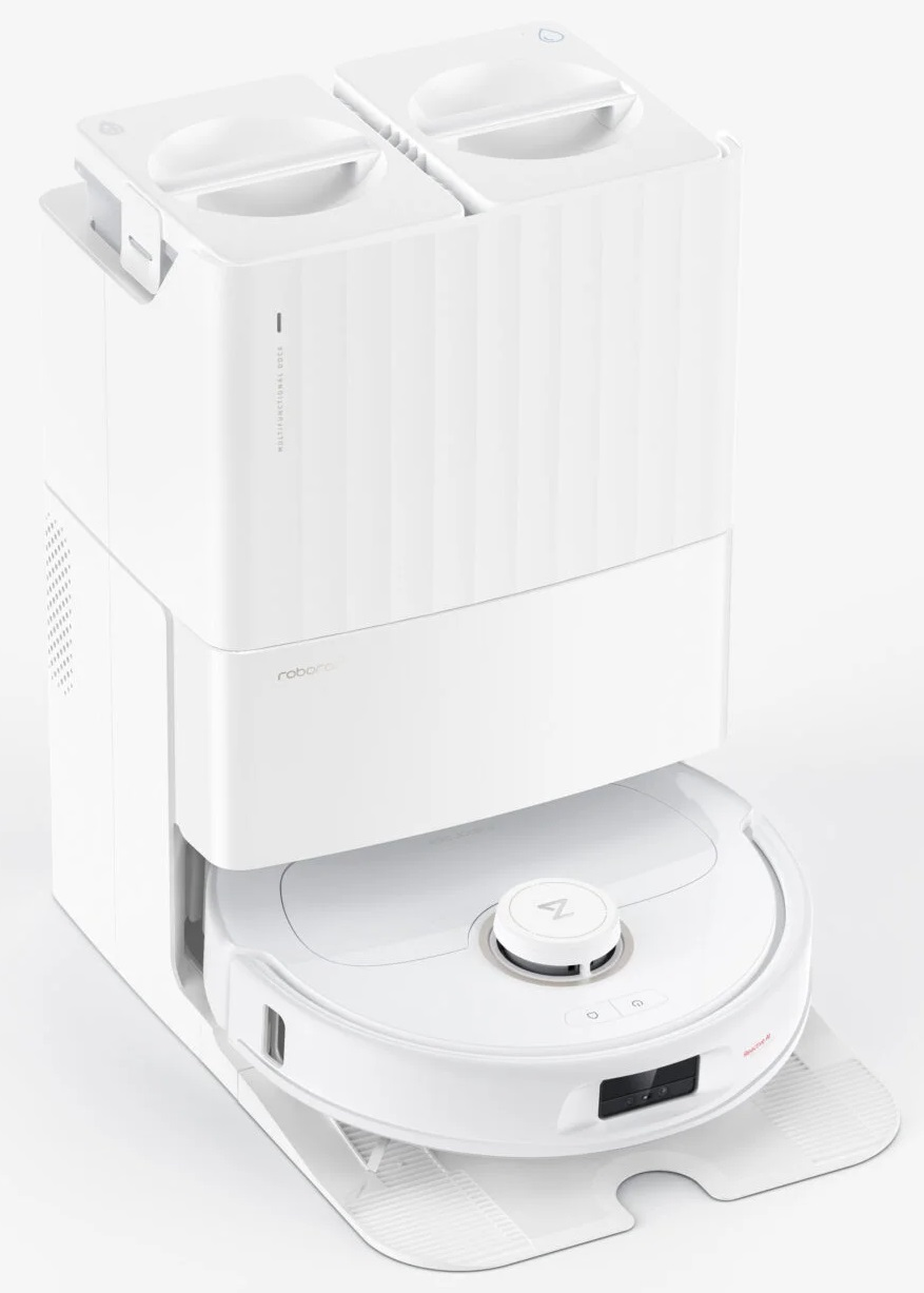 Biały odkurzacz robot z stacją ładującą, pokazujący widok z góry i z przodu.
