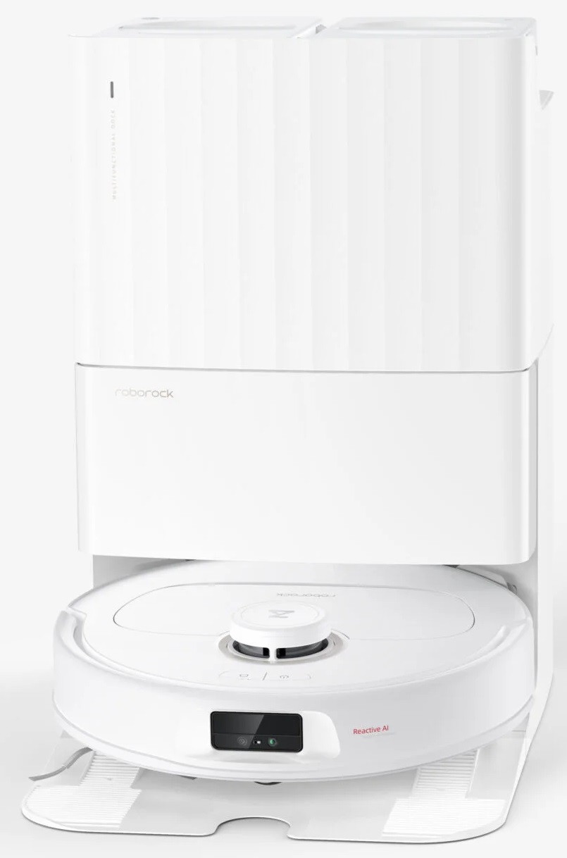 Biały odkurzacz robot z stacją ładującą, minimalistyczny design.