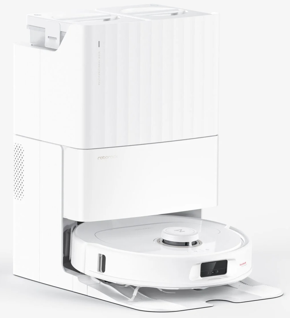 Biały odkurzacz robot z stacją ładującą. Górna część, odkurzacz i stacja dokująca na białym tle.