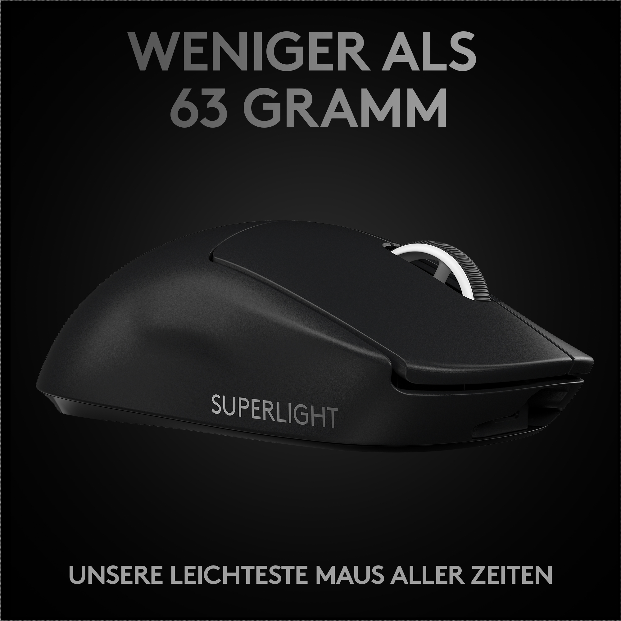 Eine schwarze Superlight-Maus mit einem weißen Scrollrad.
