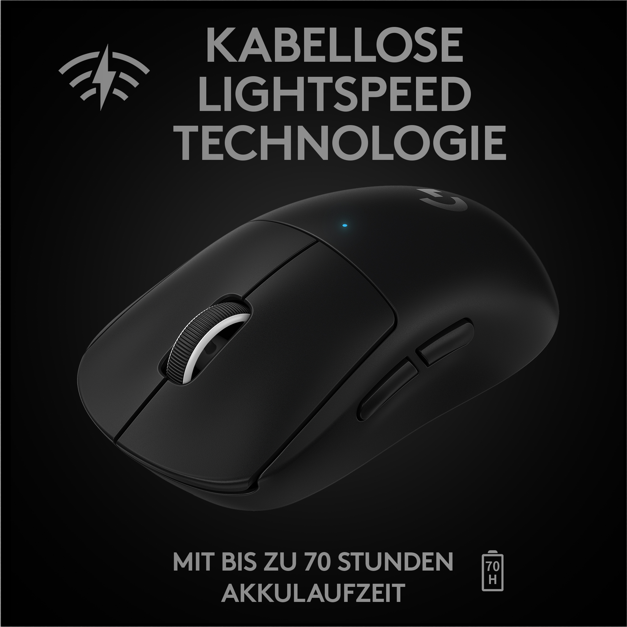 Schwarze kabellose Gaming-Maus. Text: Kabellose Lightspeed-Technologie. Bis zu 70 Stunden Akkulaufzeit.
