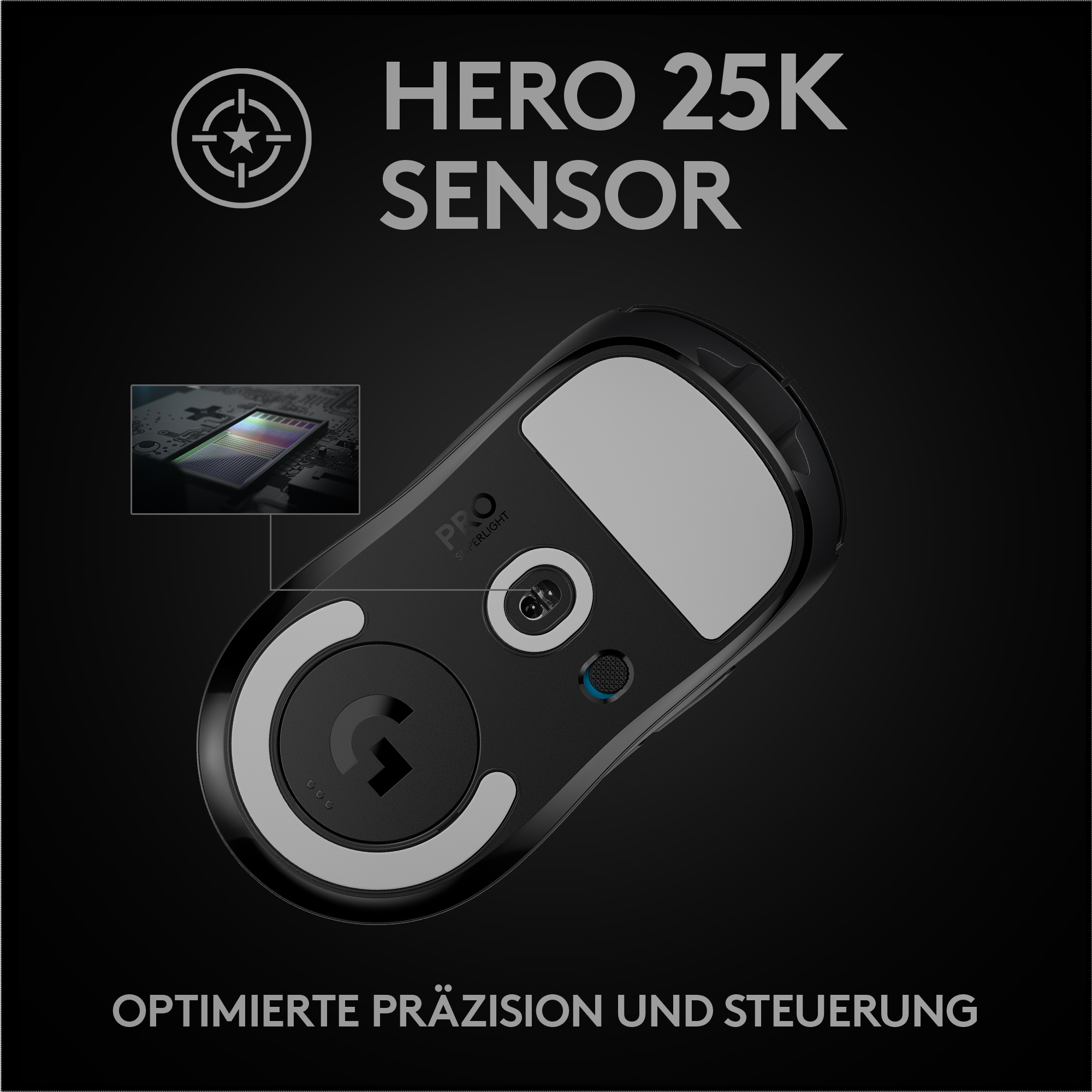 Schwarze Gaming-Maus mit HERO 25K Sensor. Die Maus hat ein schwarz-graues Design.