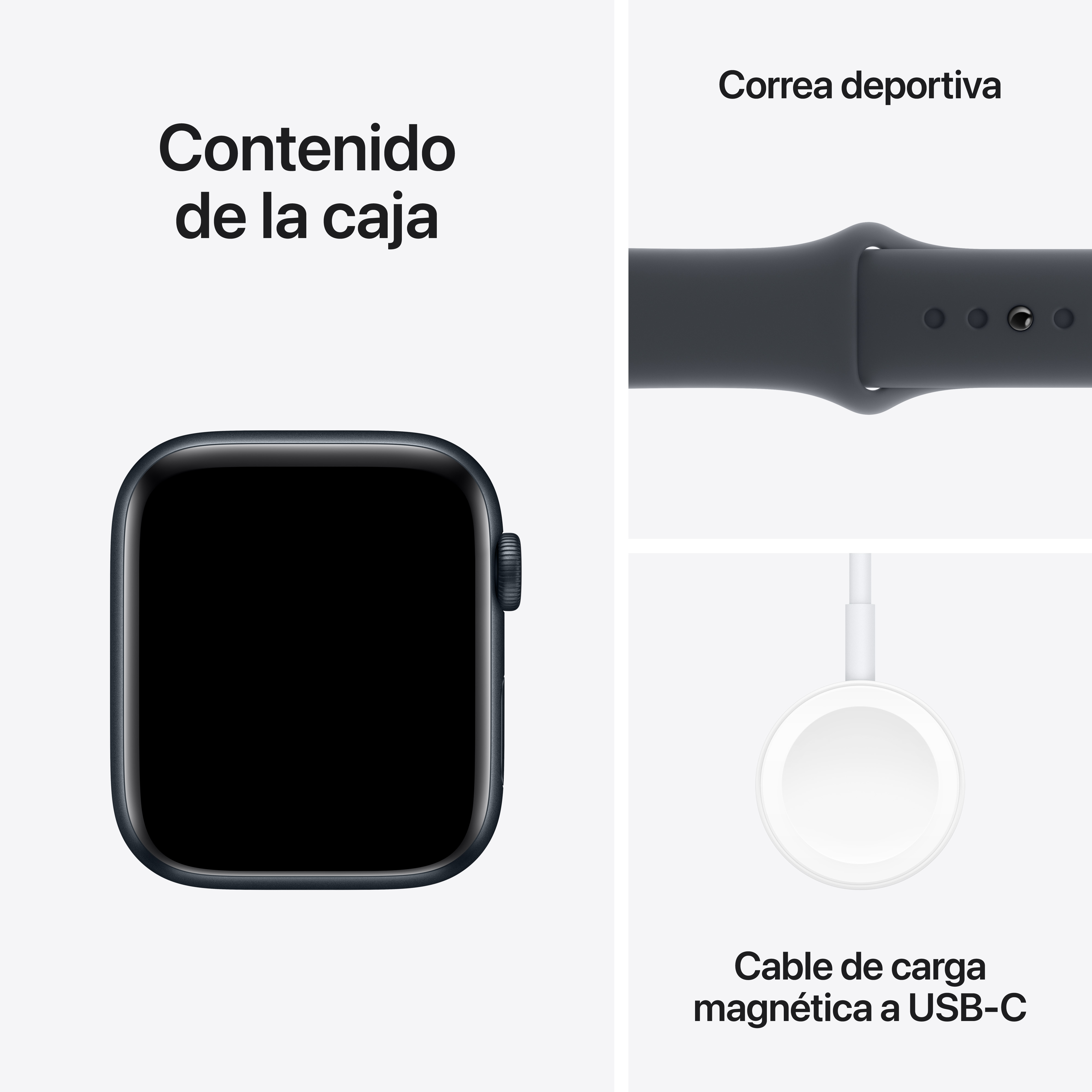 Primer plano de un smartwatch, correa y cargador. El reloj es negro con pantalla oscura.
