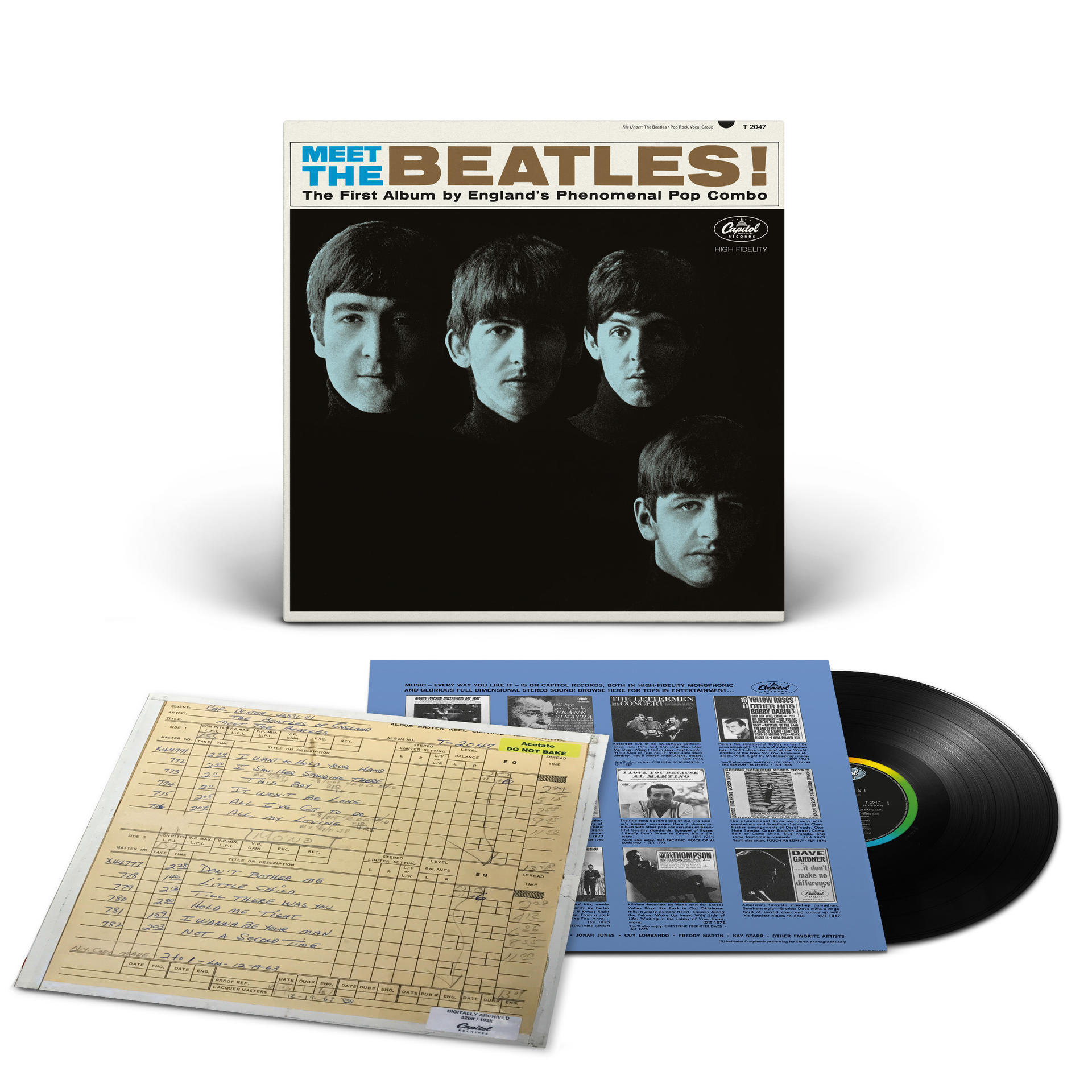 Meet The Beatles Albumcover, Fotos der Band und eine Schallplatte auf weißem Hintergrund.