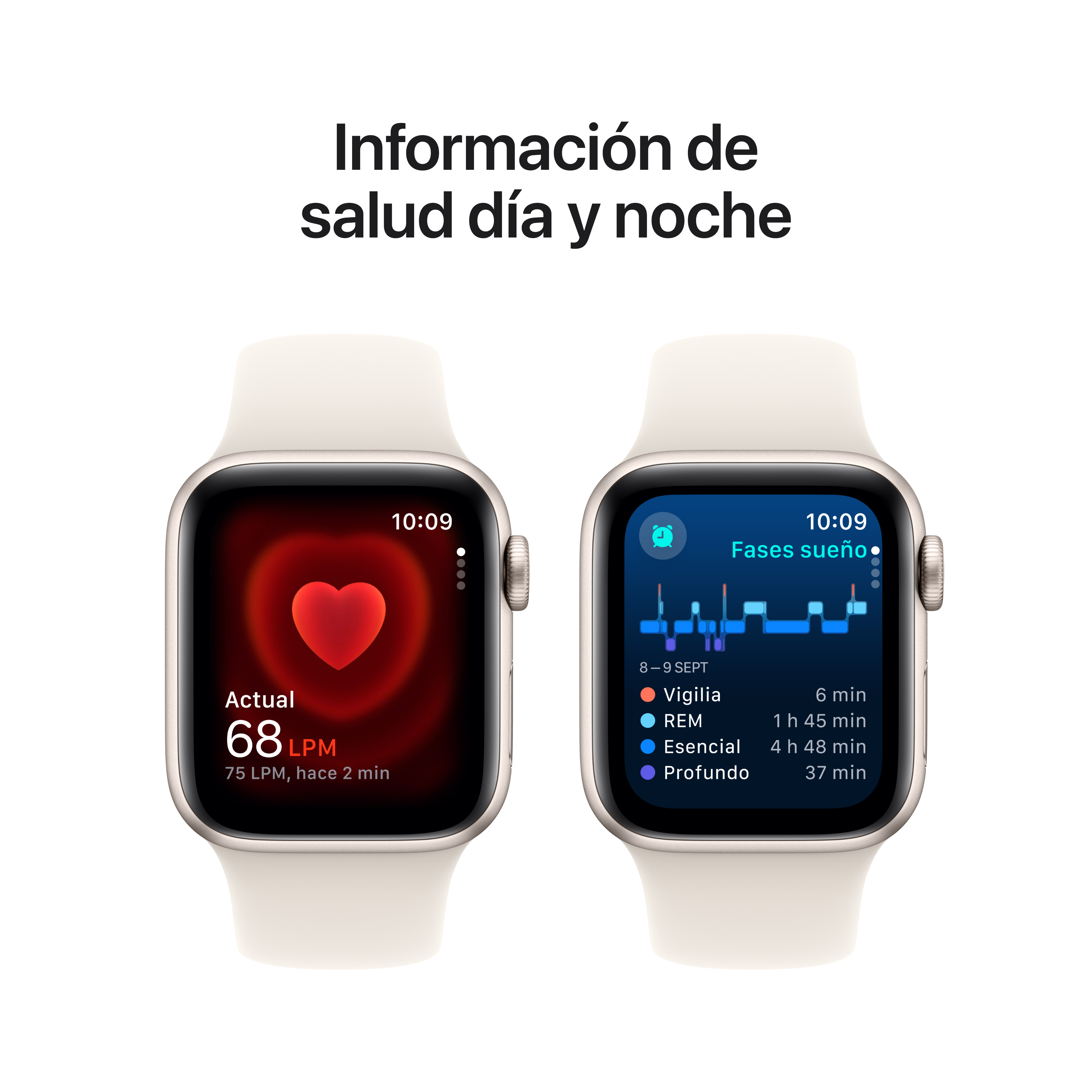 Dos Apple Watches, uno muestra la frecuencia cardíaca y otro las etapas del sueño sobre una superficie blanca.
