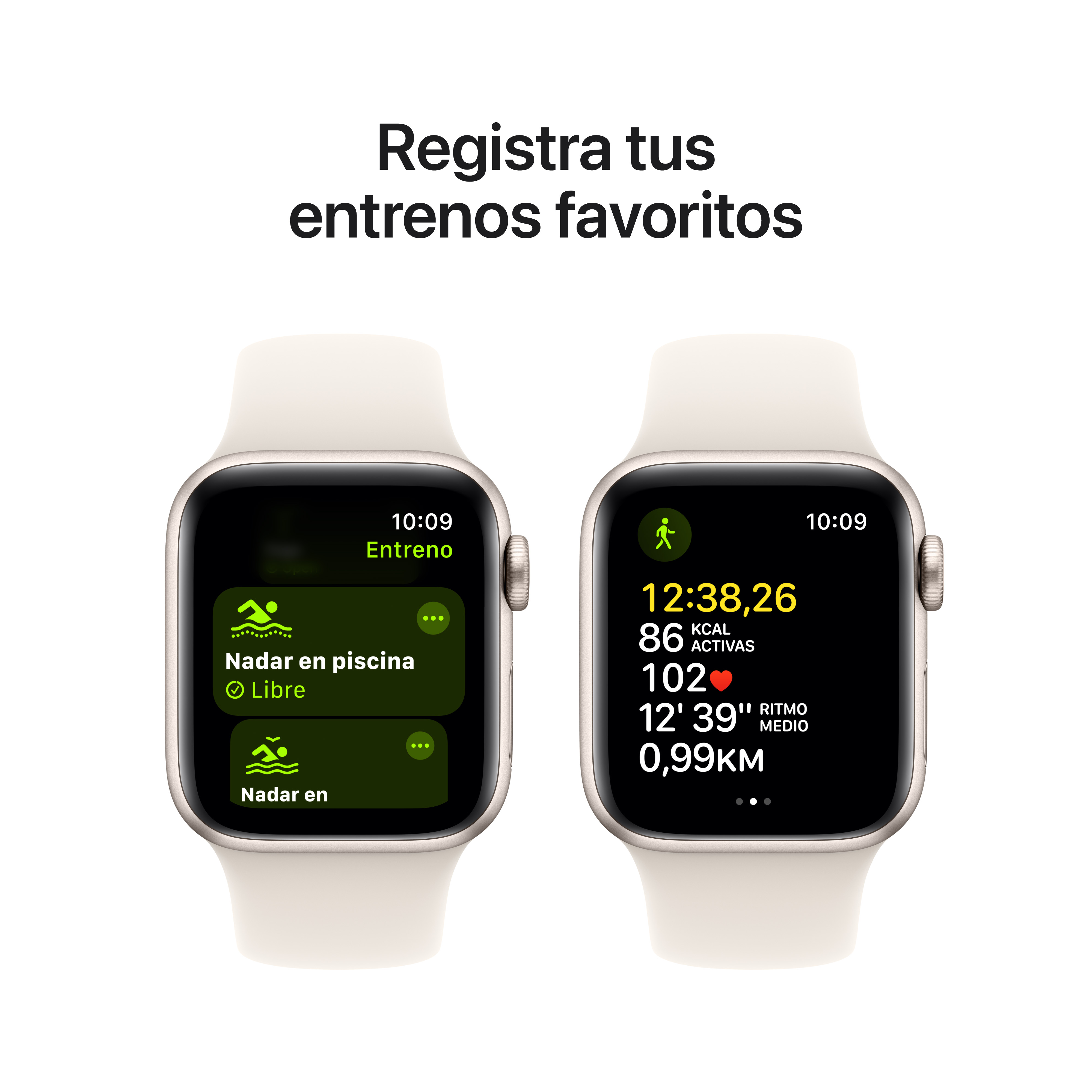 Dos Apple Watches mostrando datos de entrenamiento; texto dice 'Registra tus entrenos favoritos'.