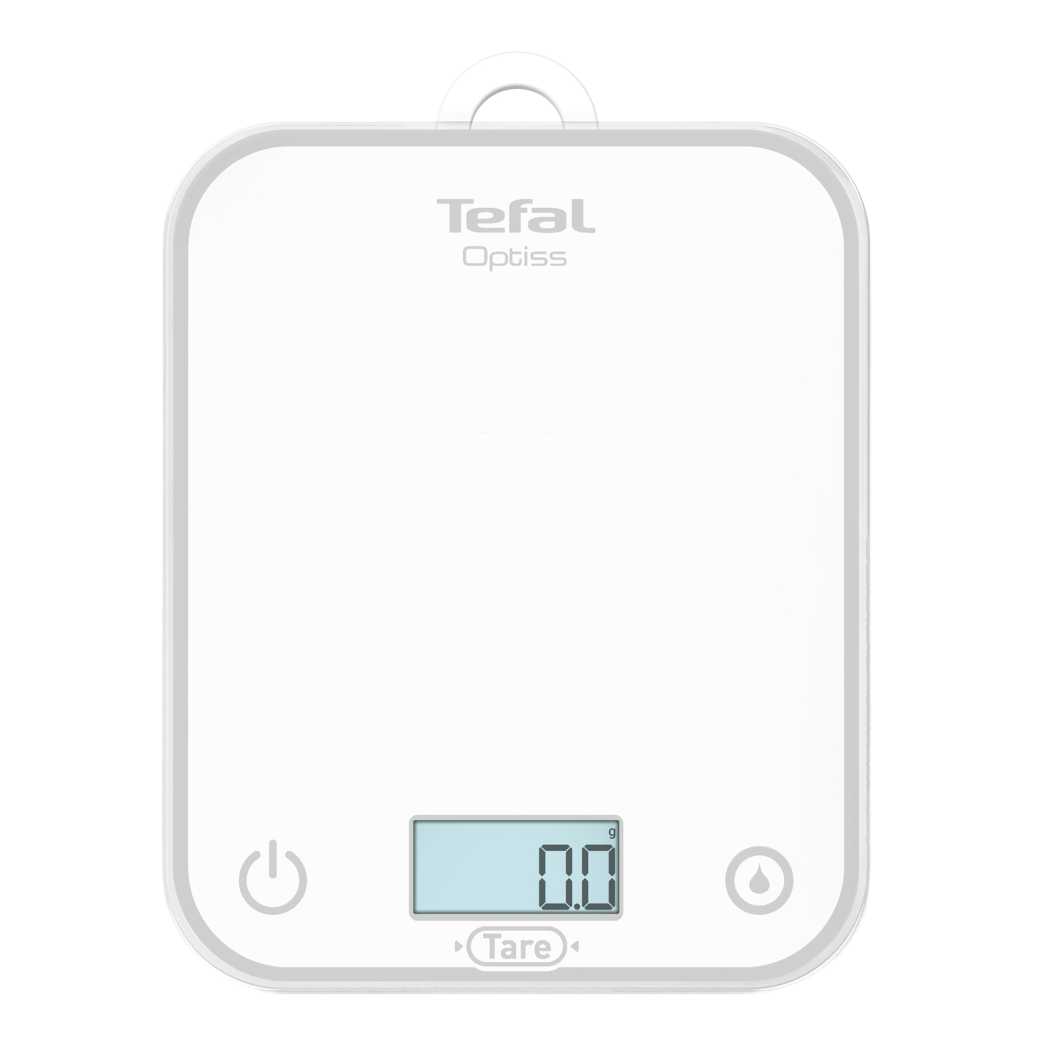 Balance de cuisine numérique Tefal Optiss blanche avec affichage '0.0', sur fond noir.