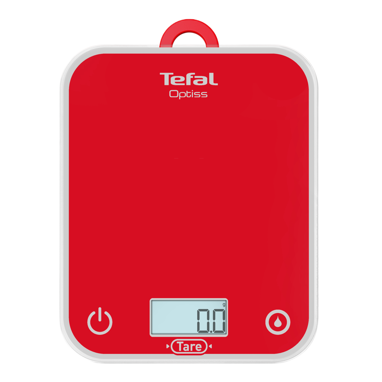 Balance de cuisine Tefal Optiss rouge. Bord blanc, affichage numérique 0.0, et bouton marche.
