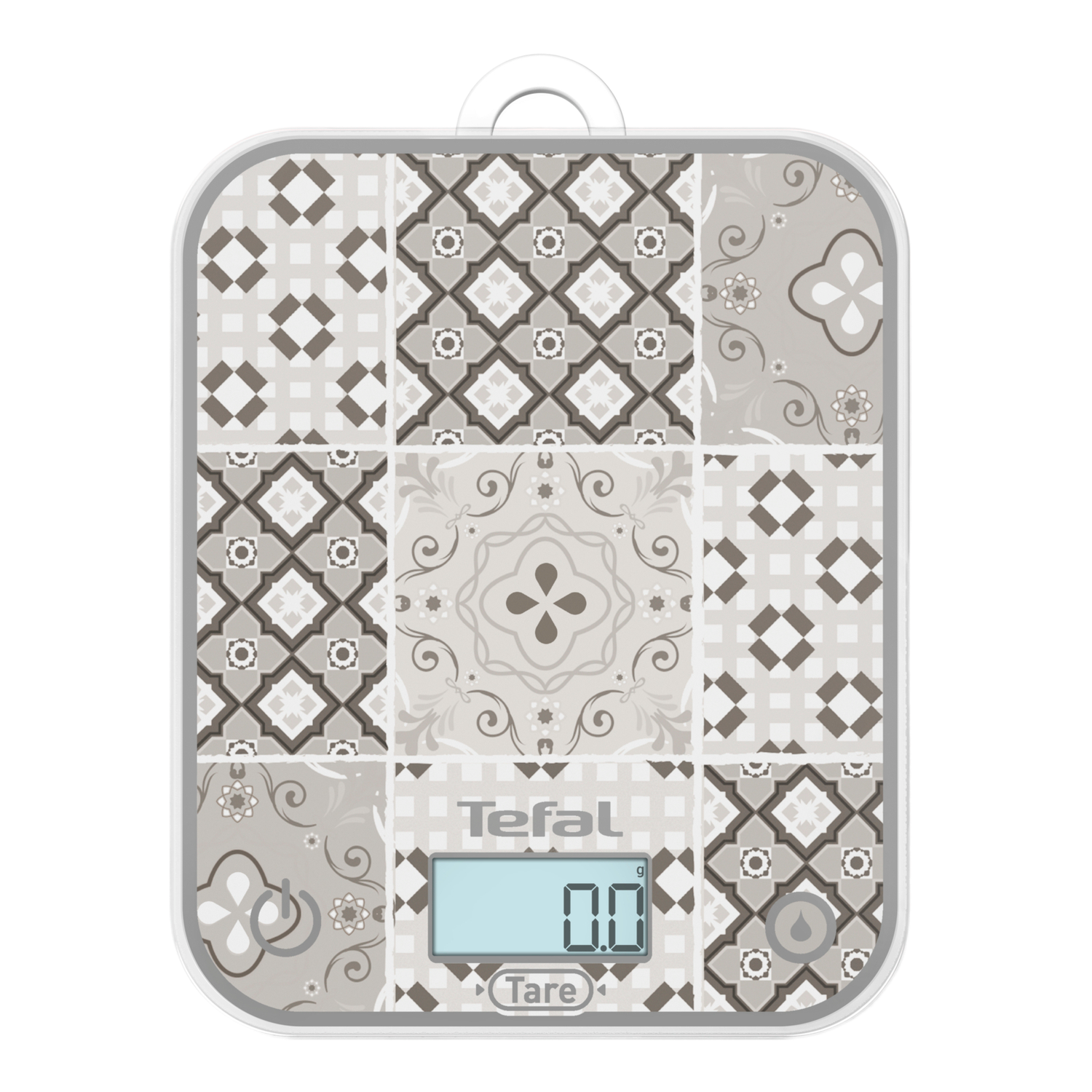 Balance Tefal avec dessus à motifs et affichage numérique.