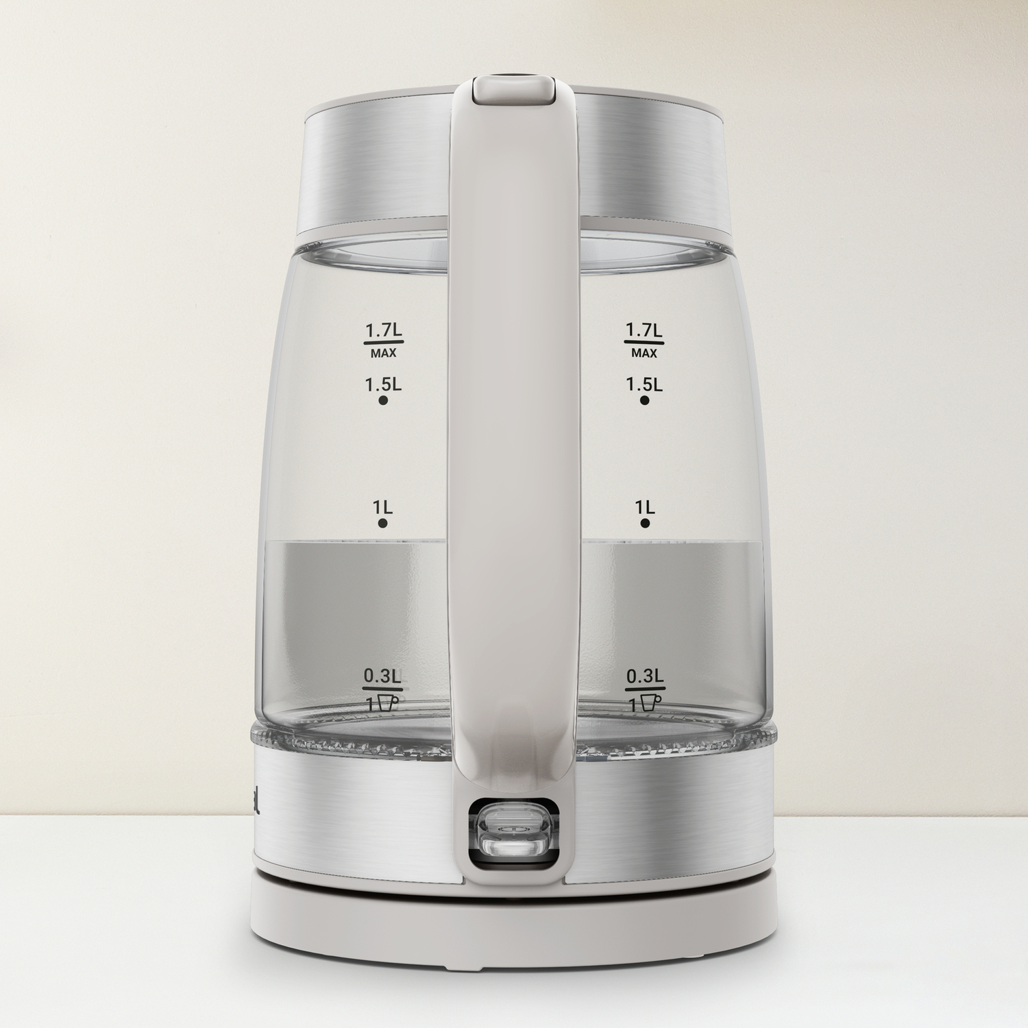 Clear glass electric kettle, with water inside, on a white base. The handle is white.