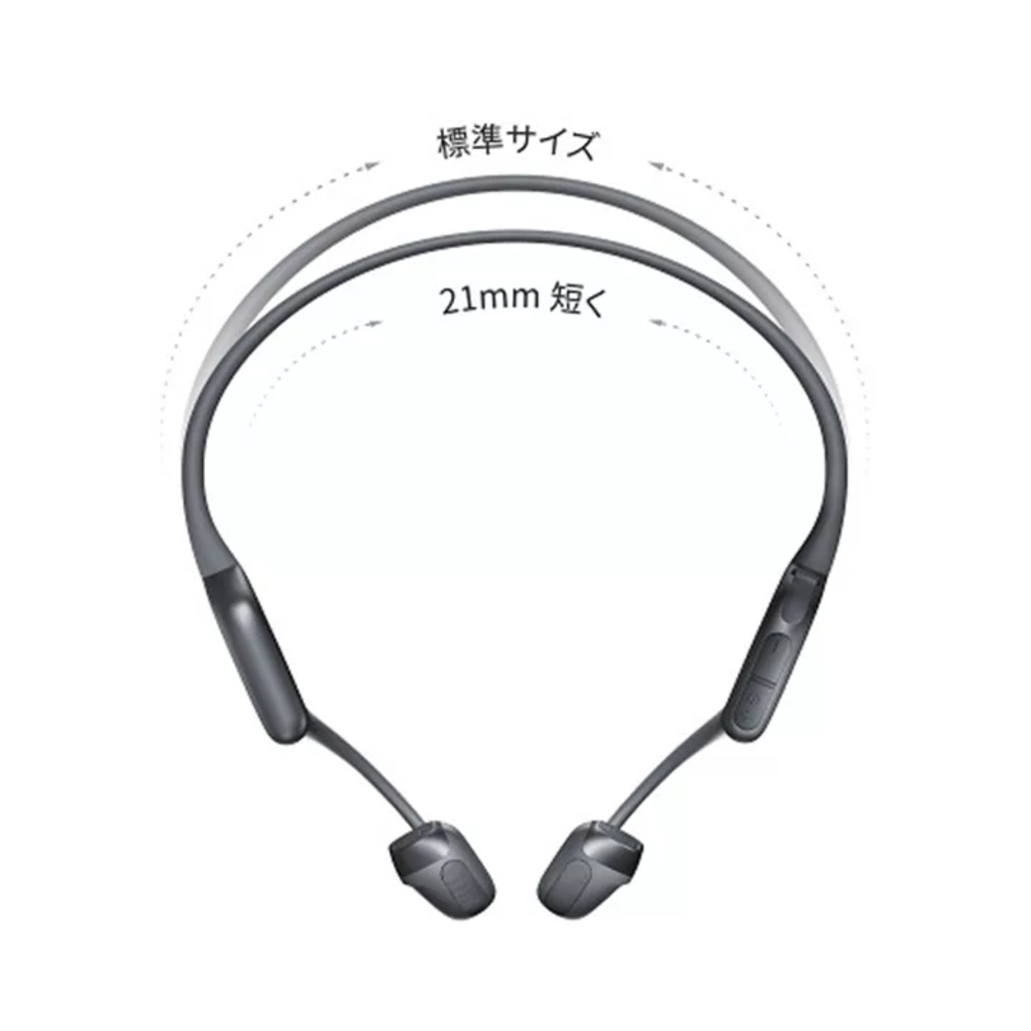 Grey neckband-style headphones, showing a 21mm length reduction.