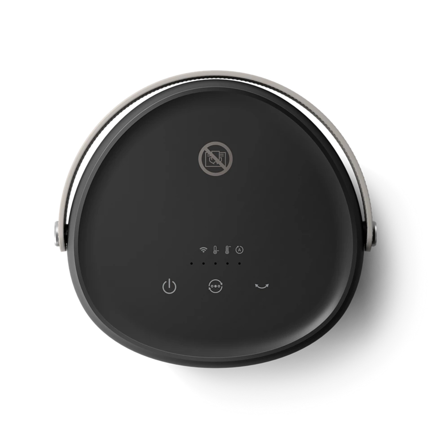 A black and silver smart home device with symbols and buttons.