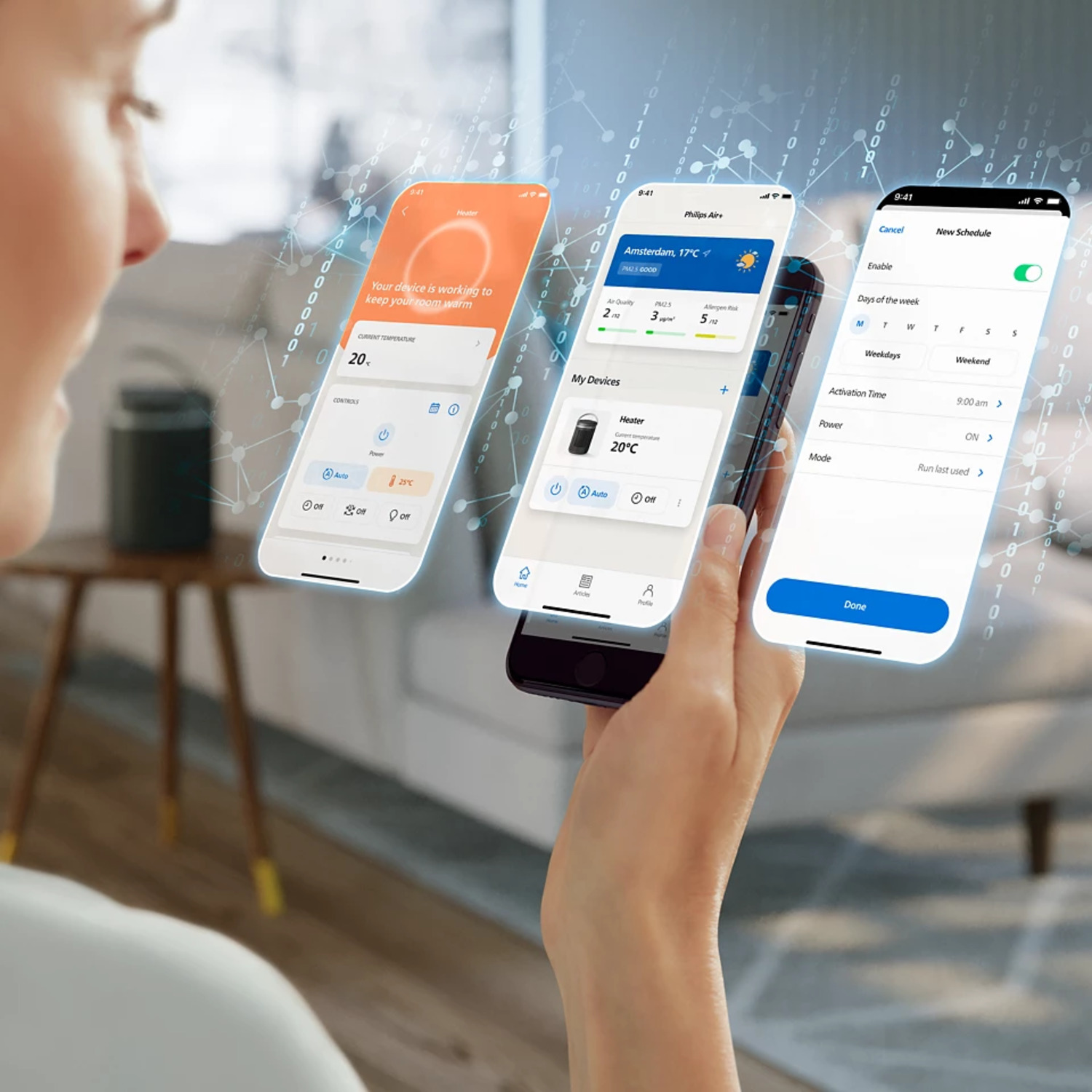 A woman holding a phone showing smart home app interfaces. Three different screens are displayed.