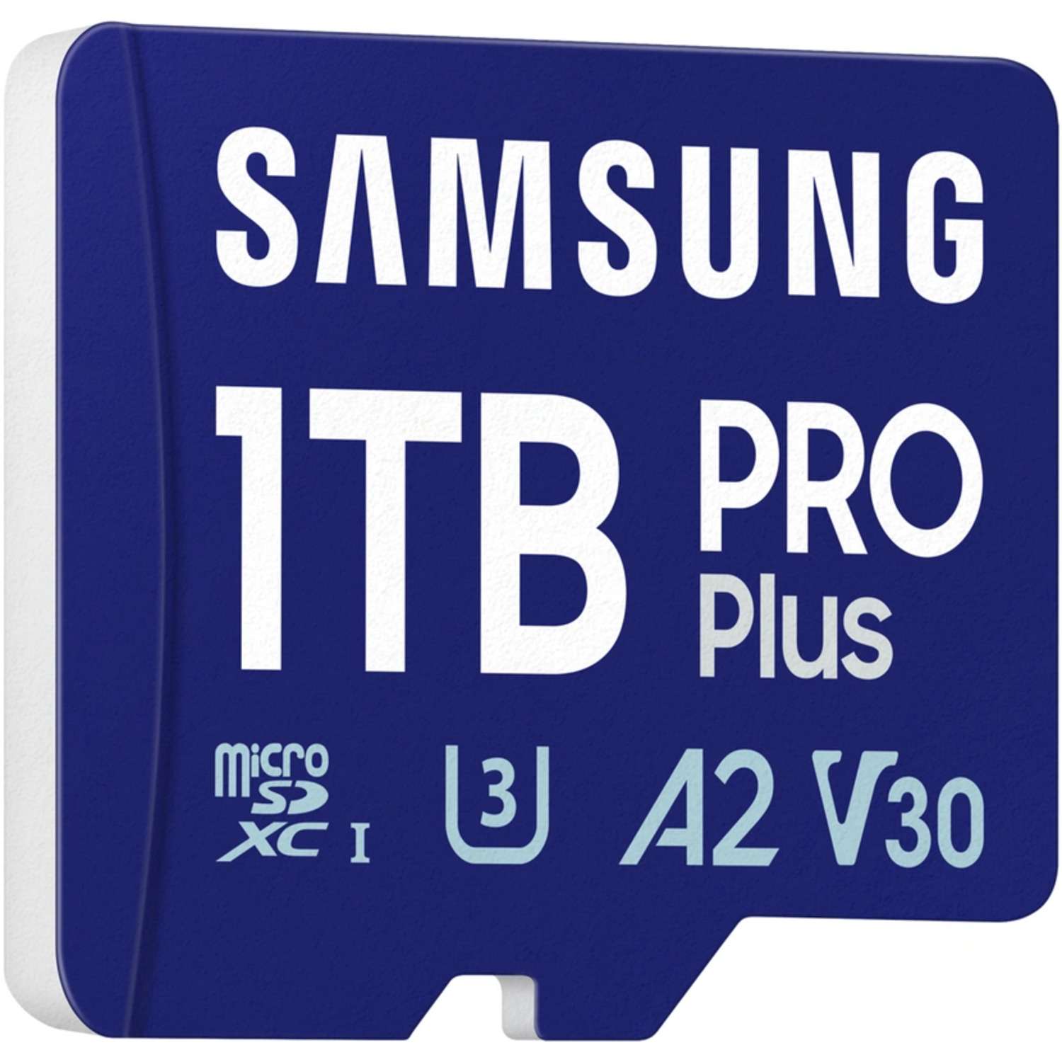 A blue and white Samsung 1TB Pro Plus microSD card.