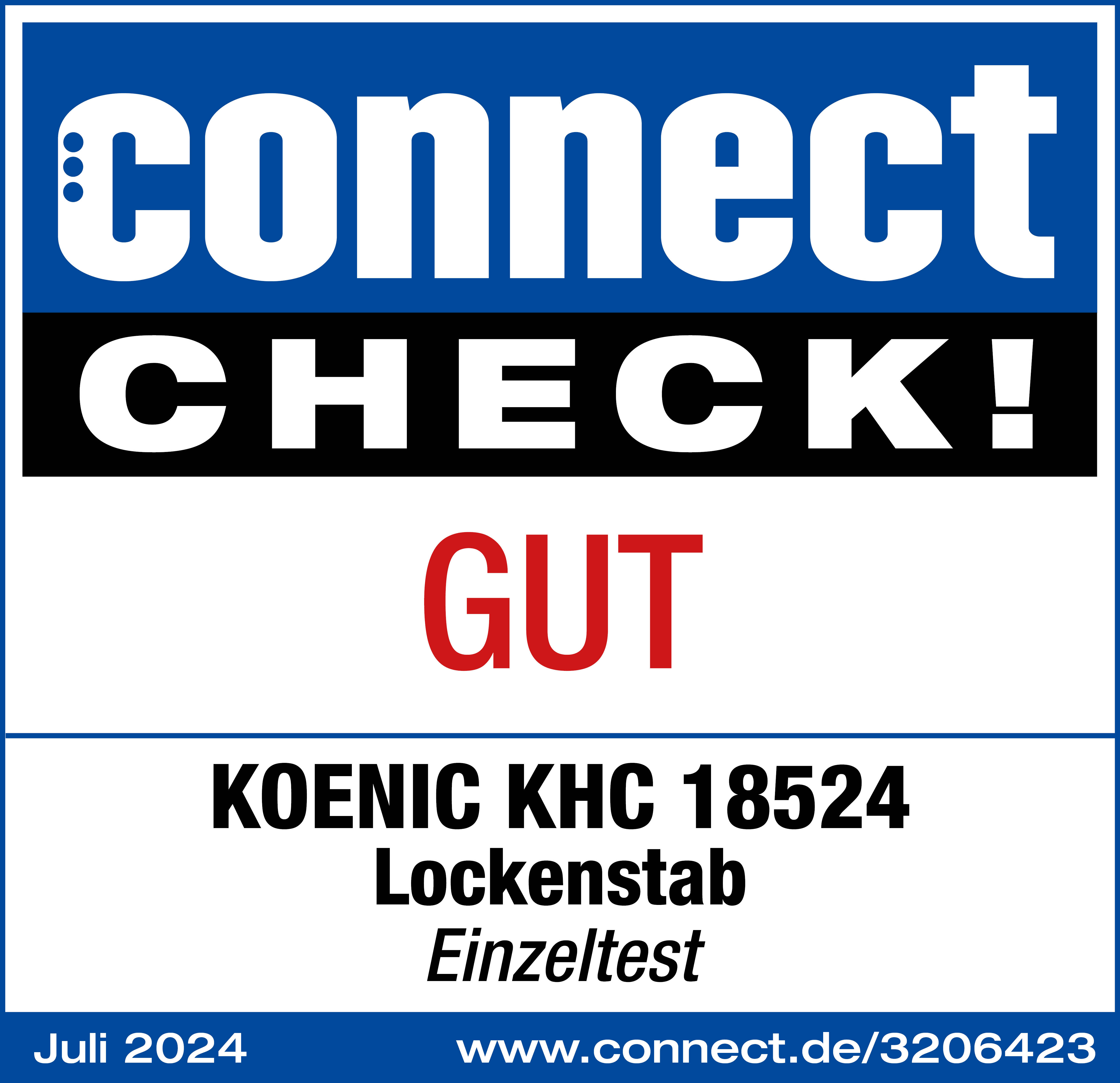 Connect Check, texte Gut sur fond blanc, bleu et rouge. Détails du produit en bas.