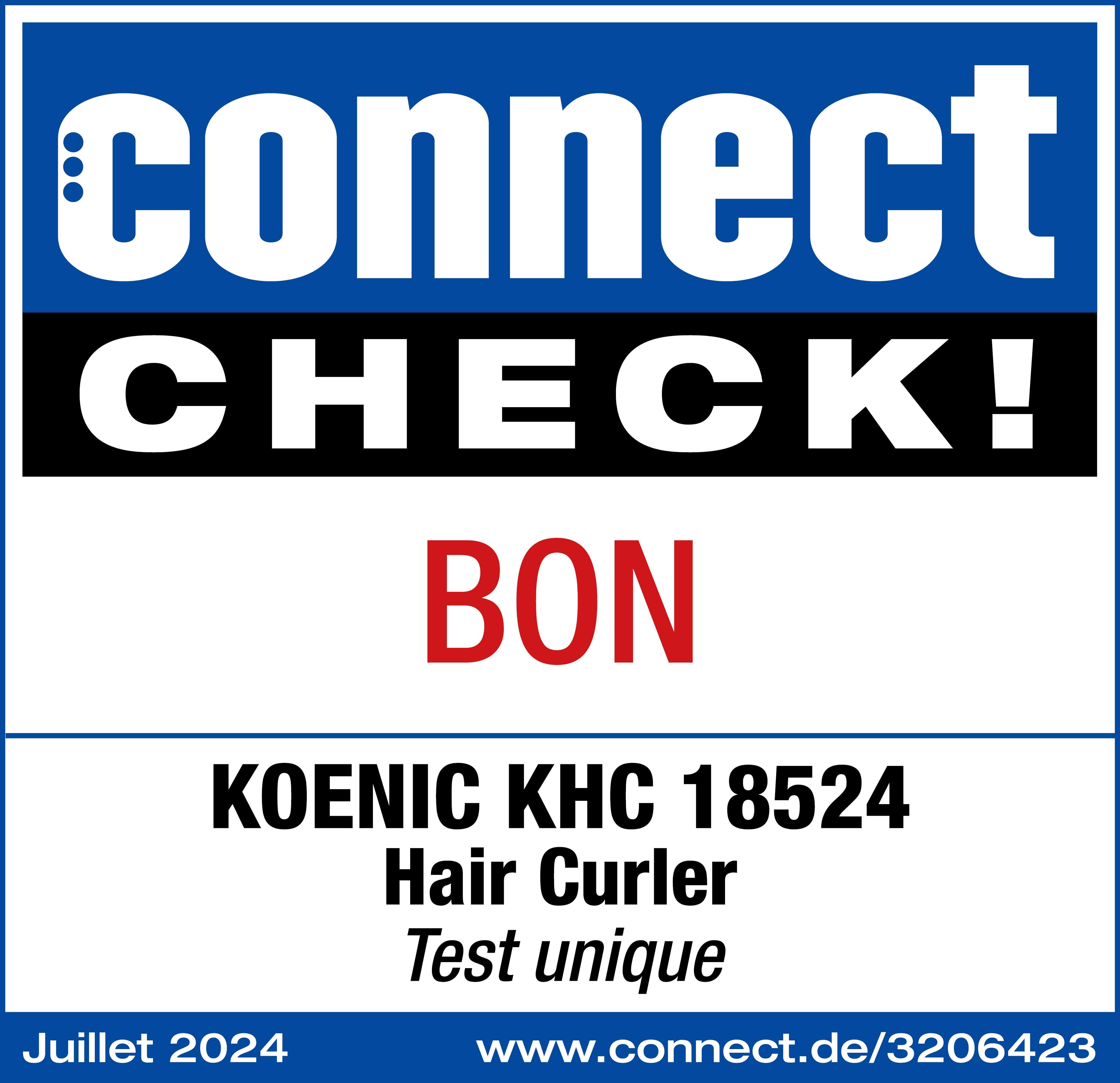 Connect CHECK ! Résultat du test BON sur fond bleu et blanc. Détails du boucleur.