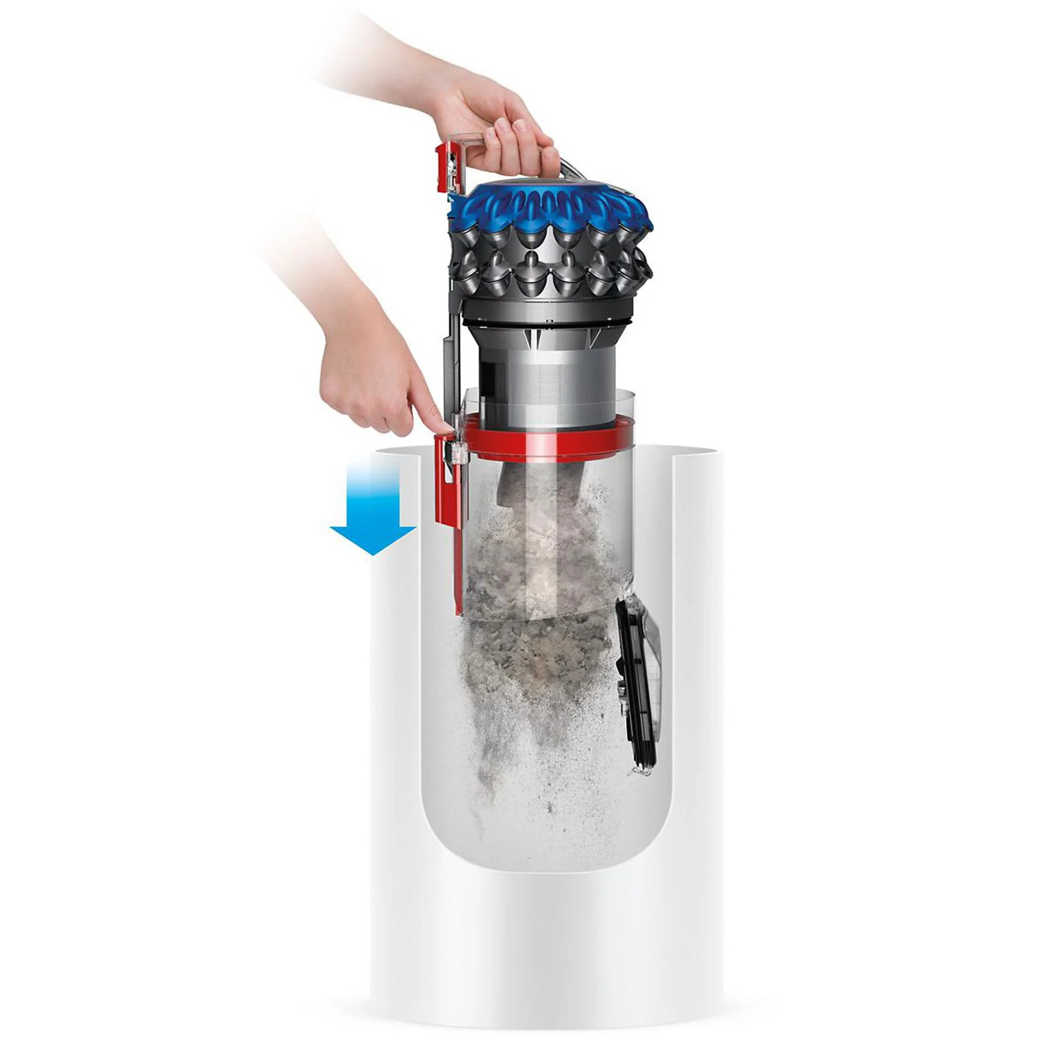 Vacuum cleaner emptying into a white bin. A hand presses a button.