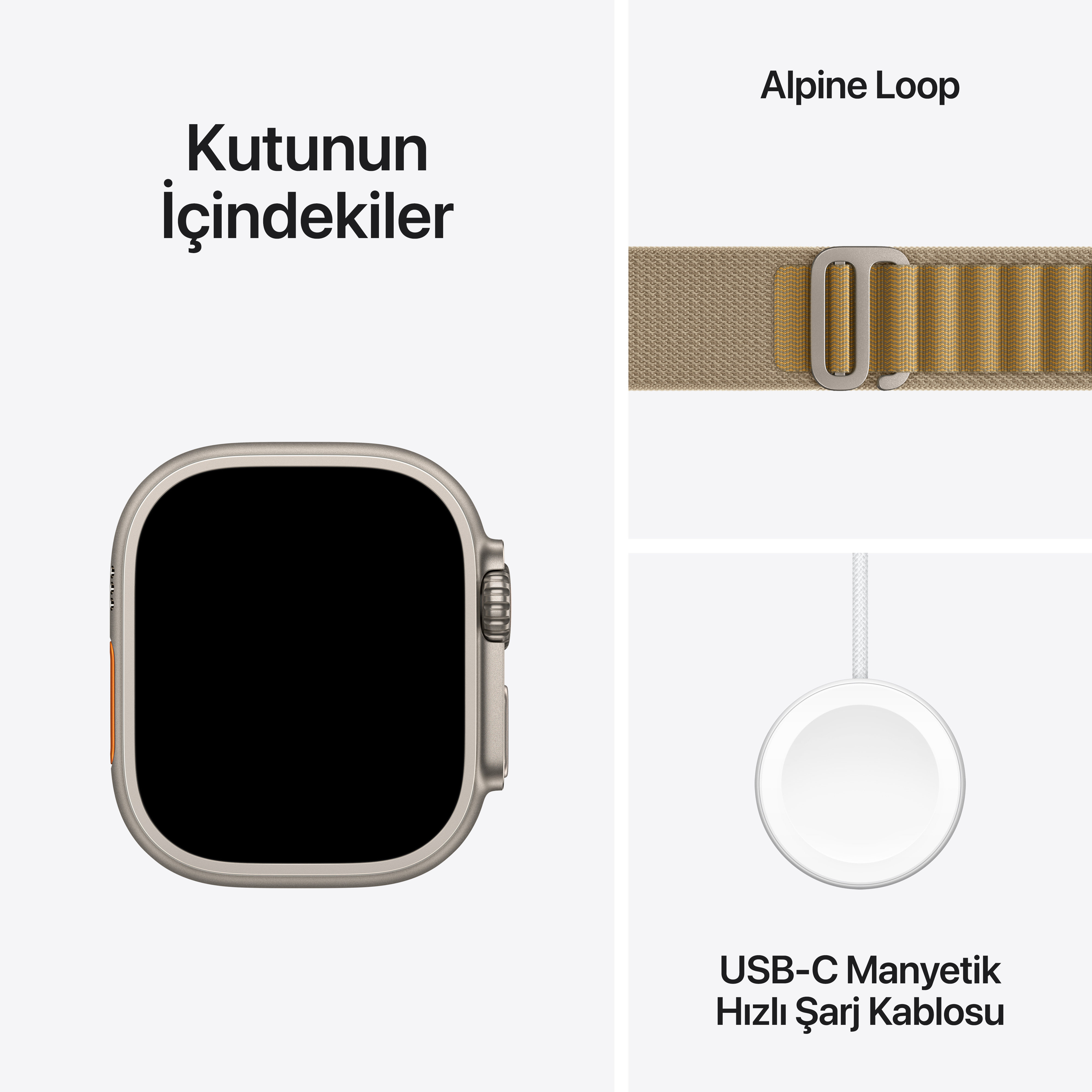 Görüntüde bir akıllı saat, Alpine Loop kayış ve bir USB-C manyetik şarj kablosu var.