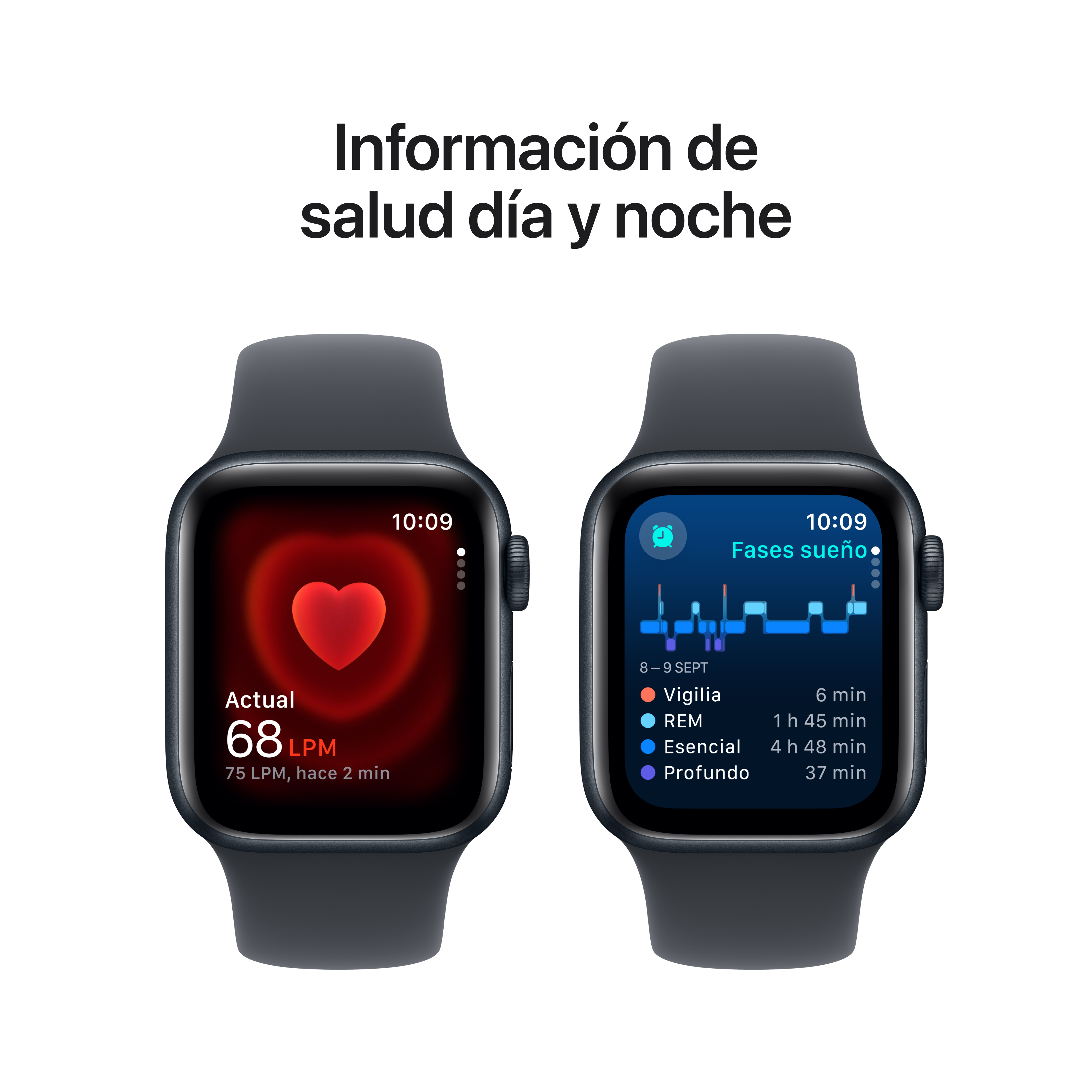 Dos smartwatches. Uno muestra la frecuencia cardíaca y el otro las fases del sueño.
