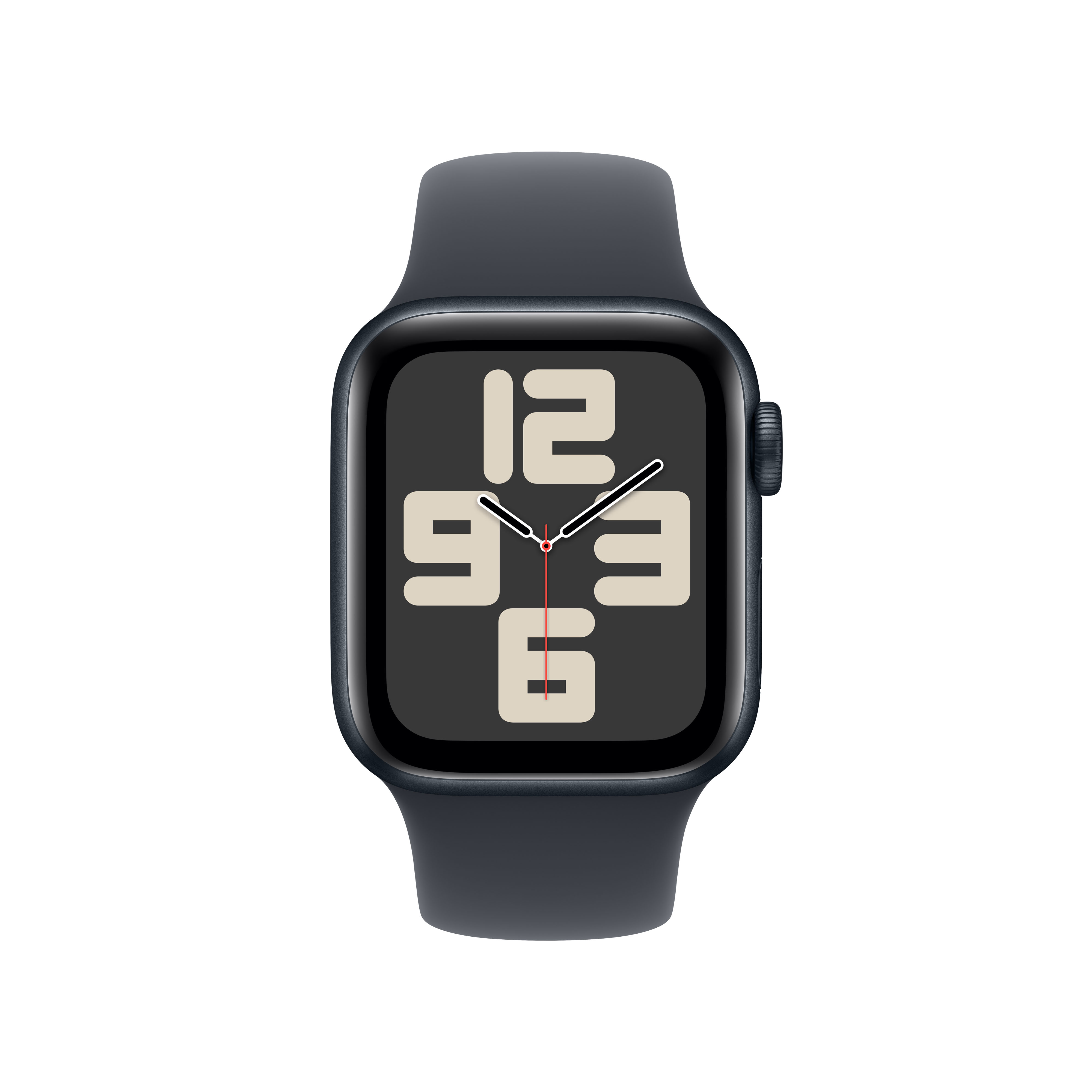 Un Apple Watch con una banda negra y una pantalla gris oscuro que muestra la hora.