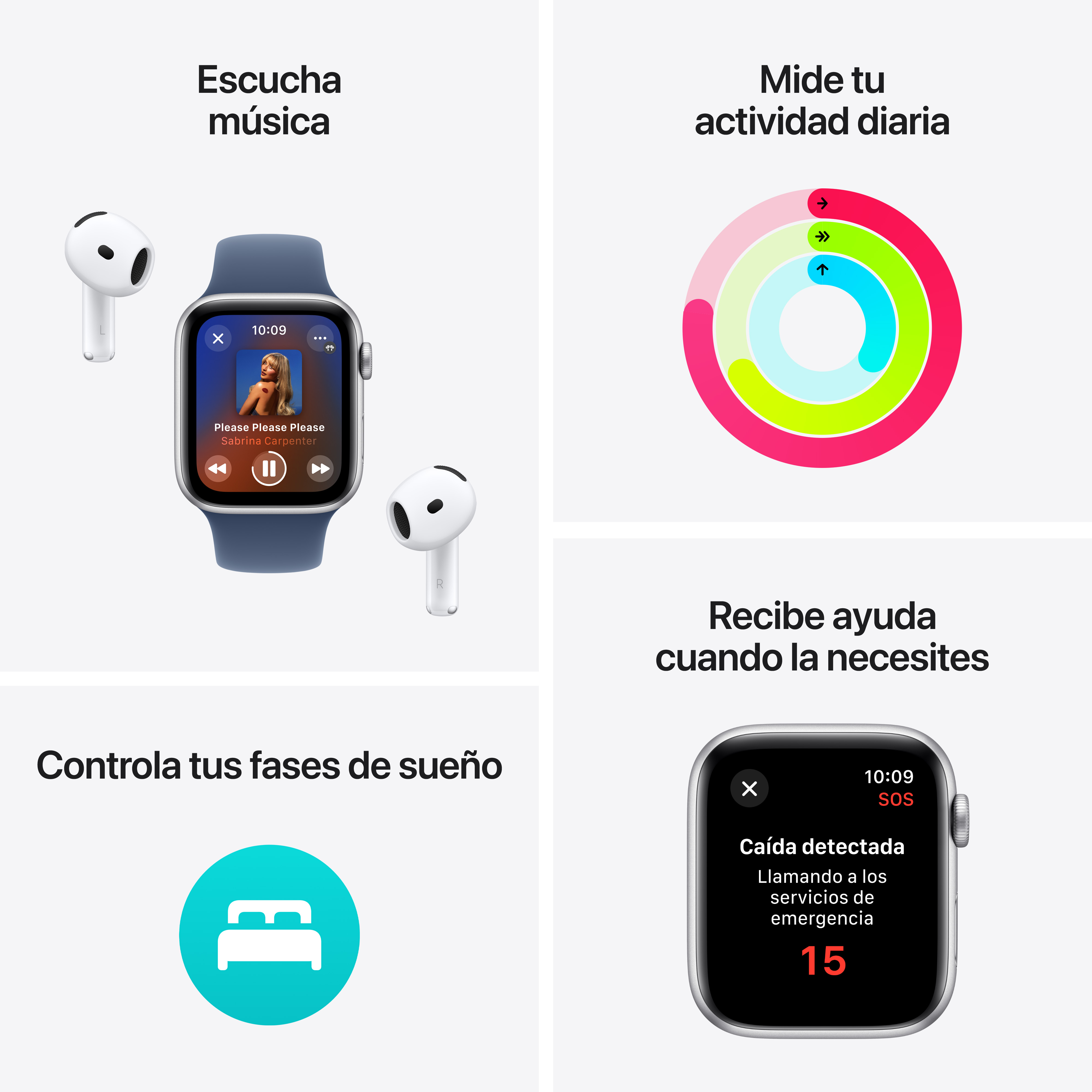Smartwatch y AirPods, con cuatro capturas de pantalla de aplicaciones que muestran música, actividad diaria, sueño y SOS.