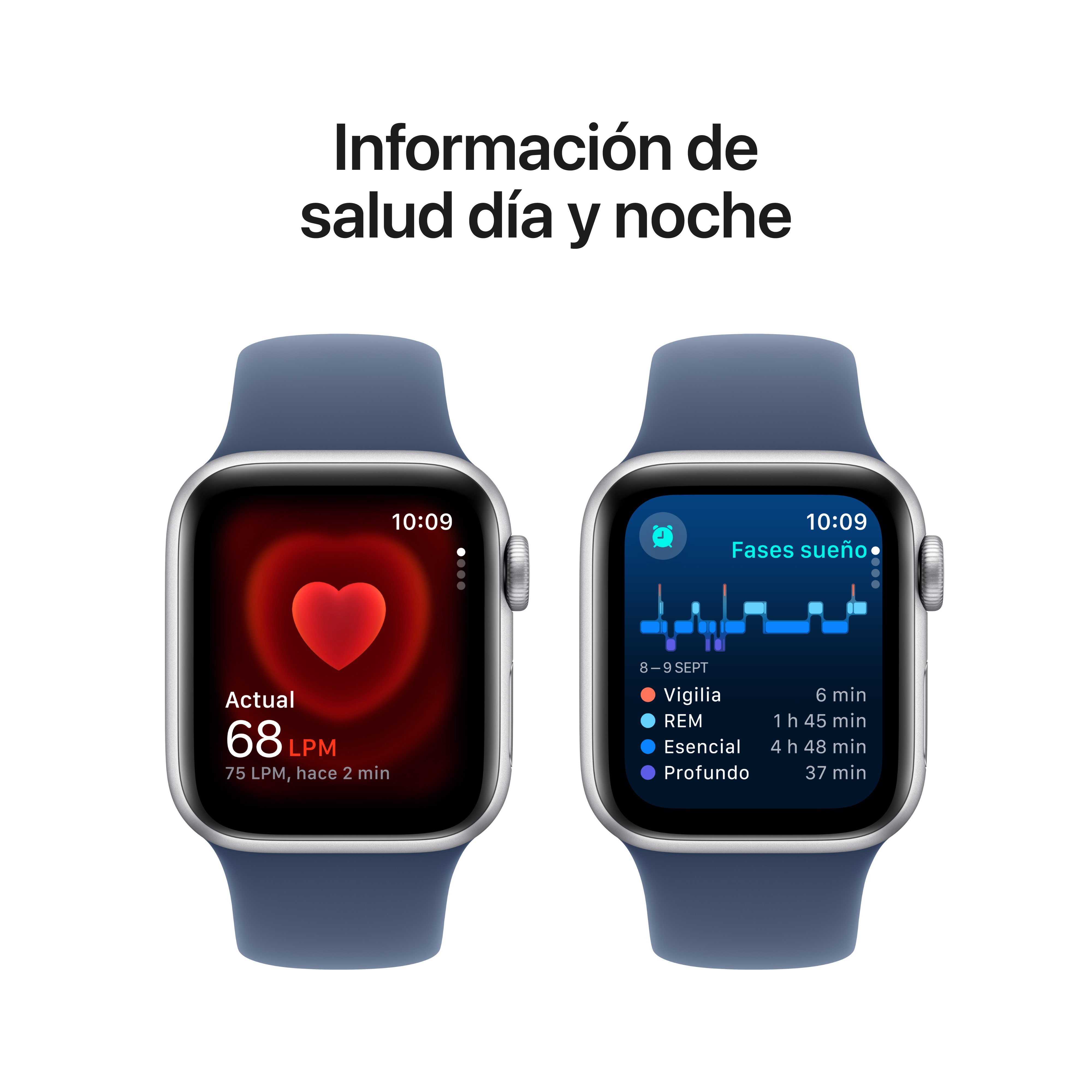 Dos smartwatches muestran datos de salud: frecuencia cardíaca y fases del sueño.