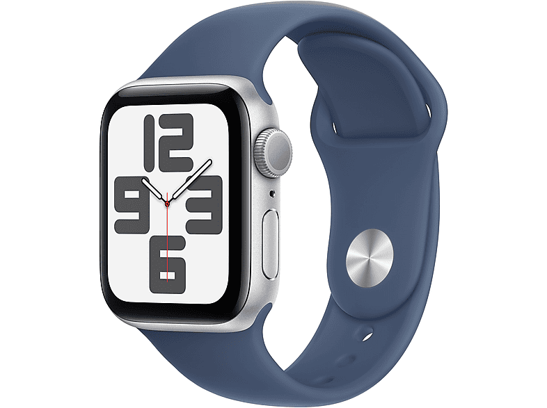 Apple Watch SE (2024), GPS, 40 mm, Caja de aluminio Plata, Vidrio delantero Ion-X, Correa deportiva Azul denim, Talla M/L