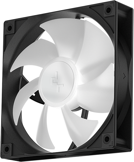 Fekete ventilátor fehér lapátokkal. A logó középen. Fekete keret.