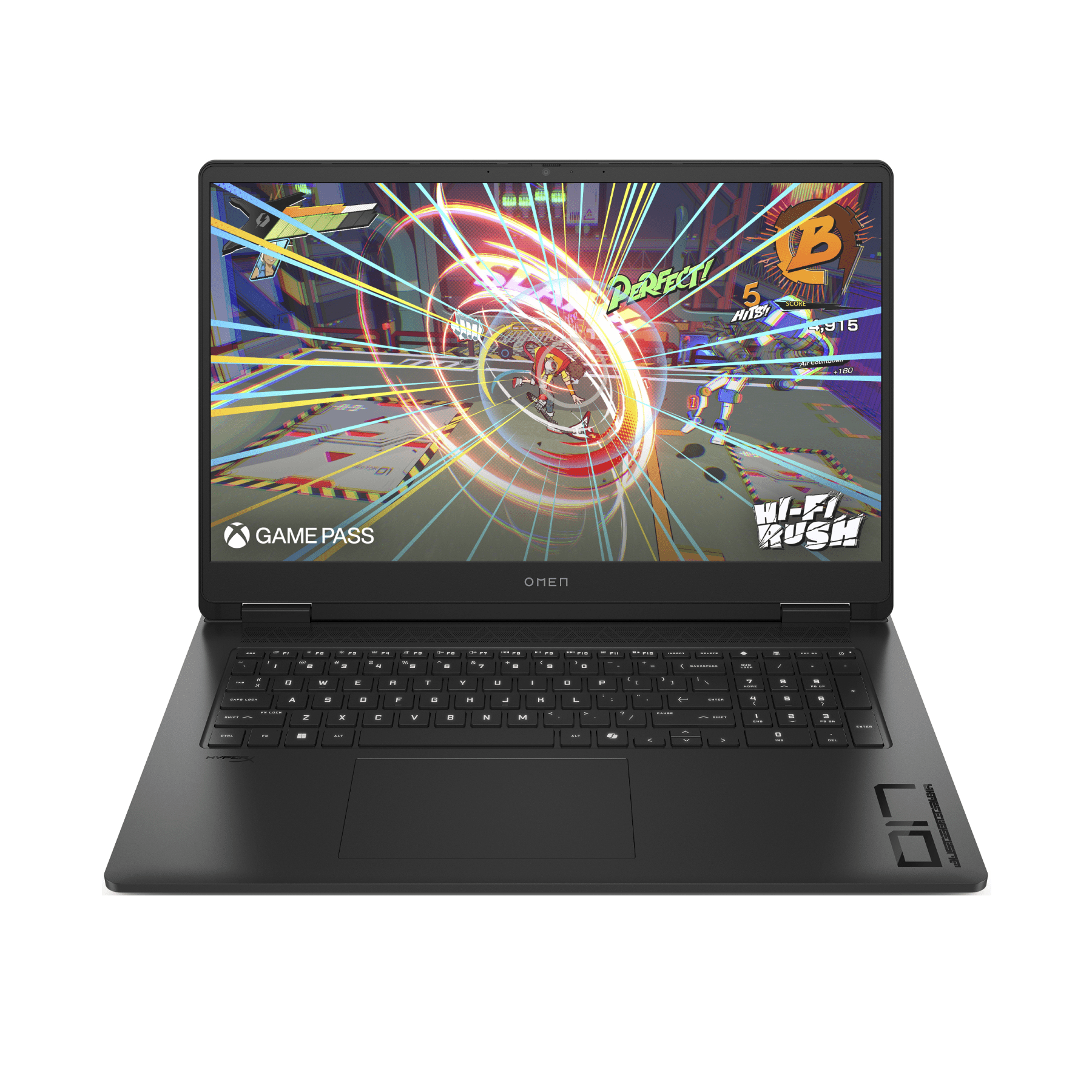 Laptop negro con una pantalla que muestra un juego. La marca 'OMEN' es visible en la parte inferior.