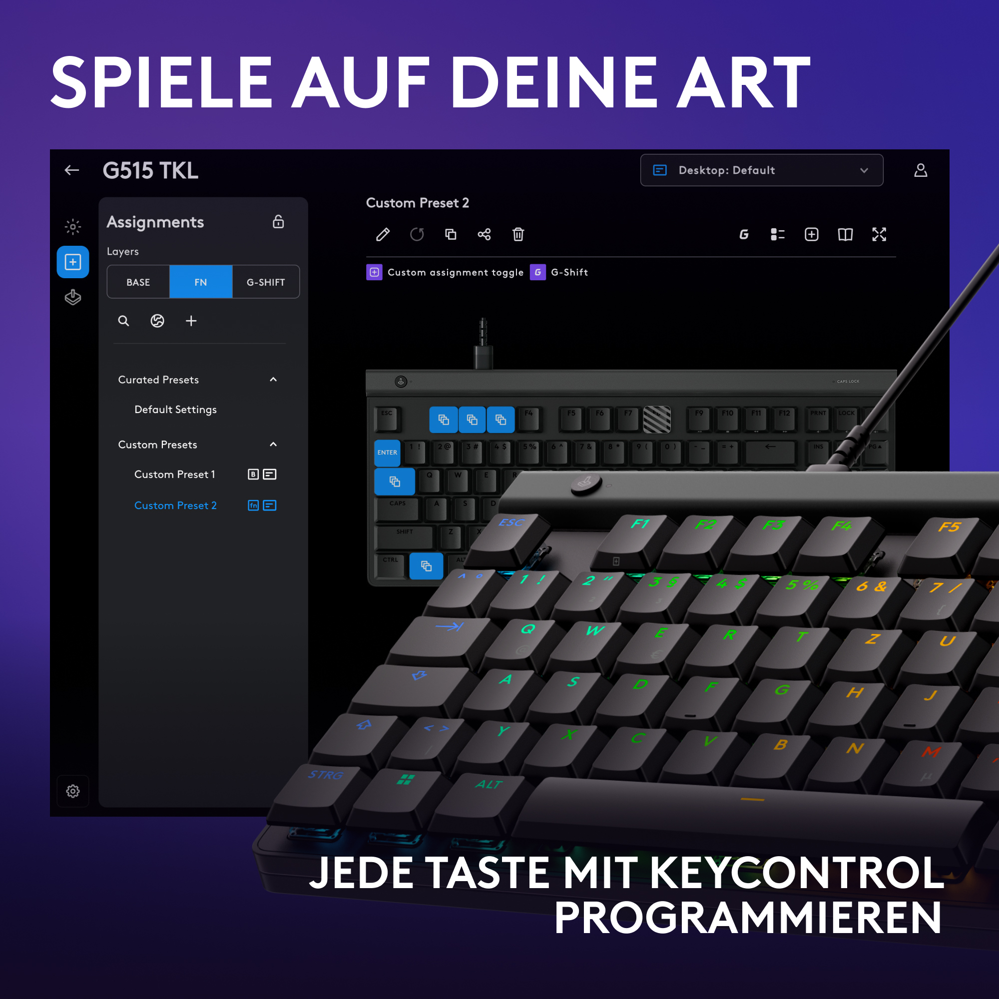 Tastatur mit Einstellungen. Nahaufnahme der Tasten, schwarz und grau.