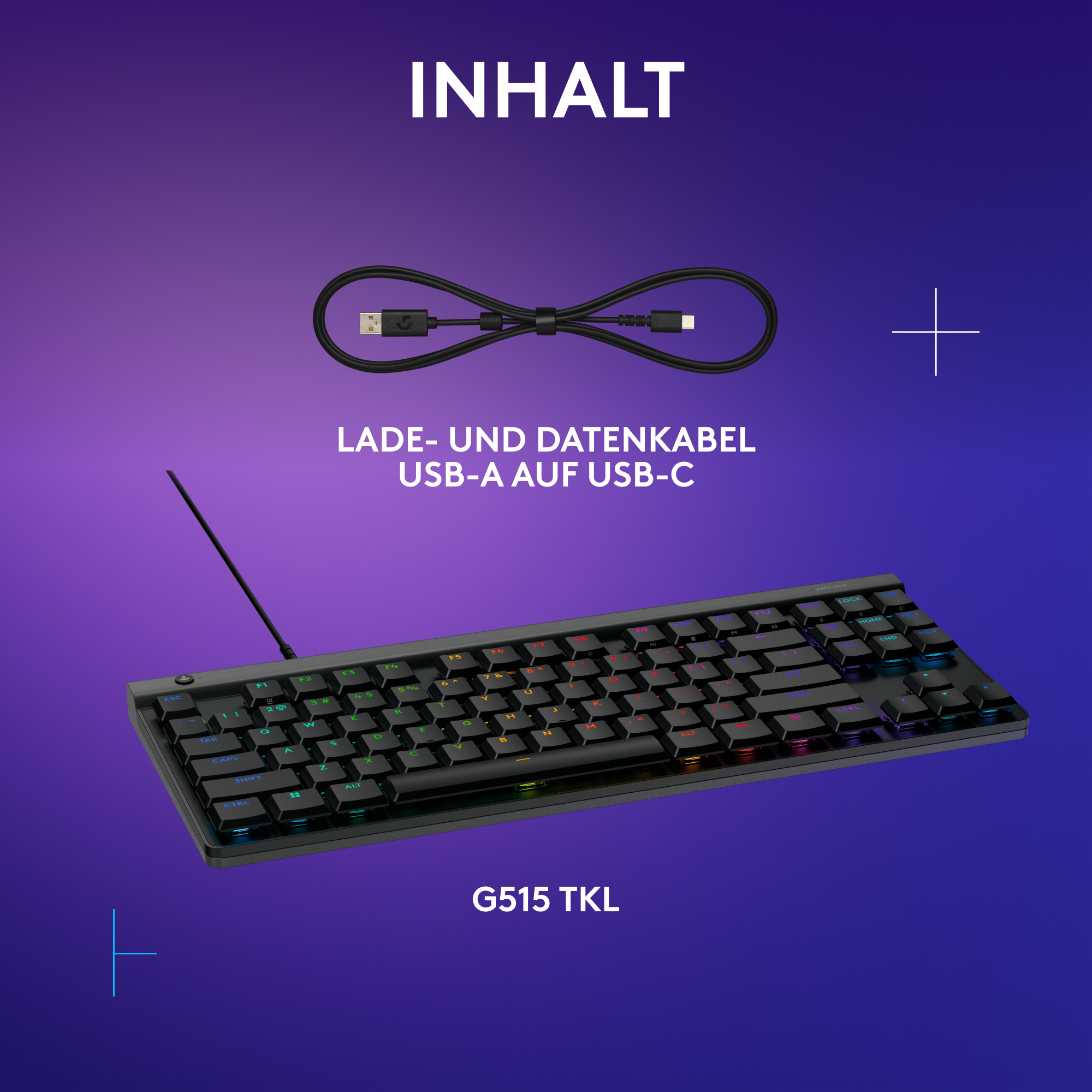 Tastatur, USB-C-Kabel, in einer Box, mit Regenbogen-Layout.