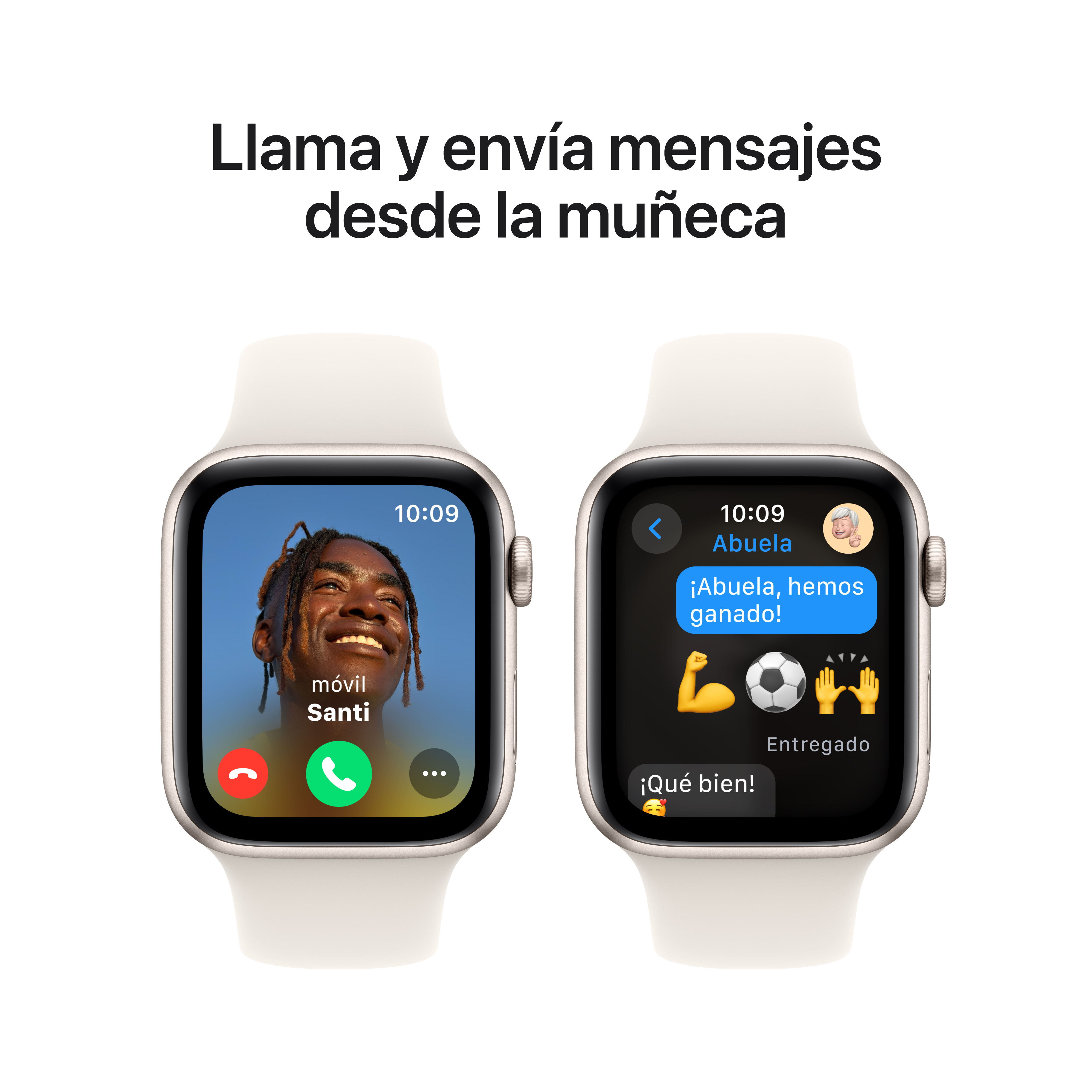 Dos smartwatches sobre fondo blanco, mostrando llamadas y mensajes.