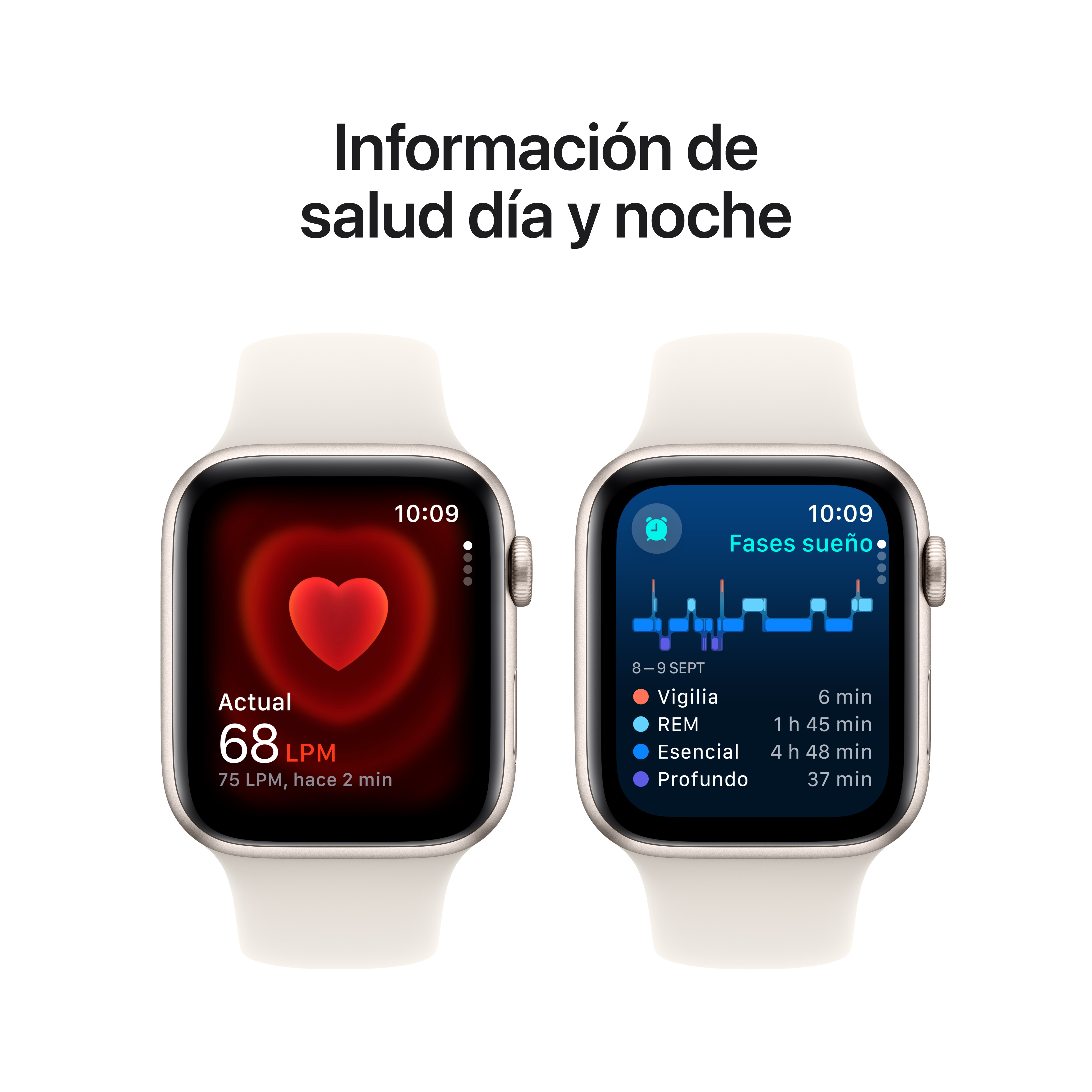 Dos smartwatches mostrando frecuencia cardíaca y fases del sueño, con correas blancas y texto.