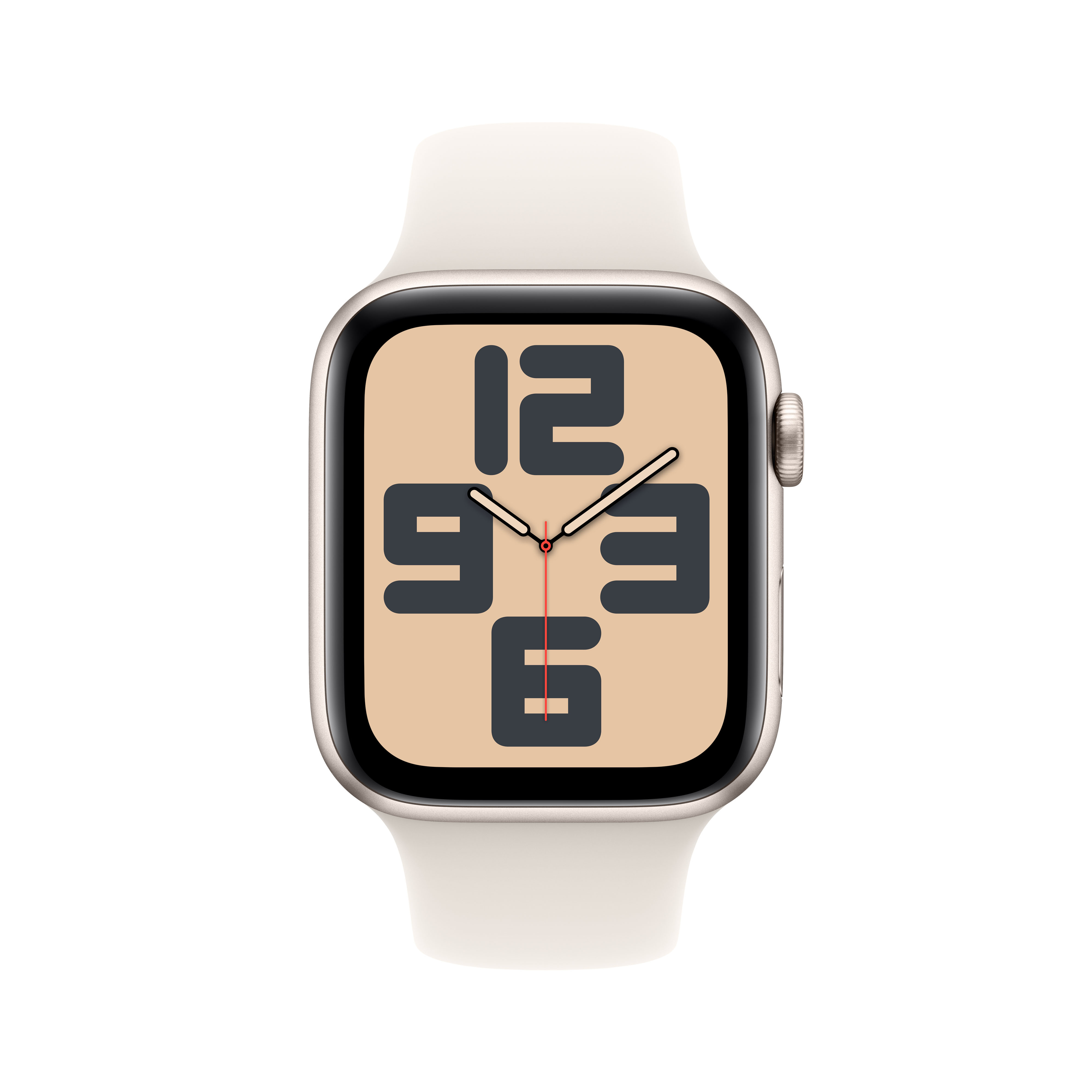 Un Apple Watch de color claro con la hora 12:06 en la pantalla, con una correa blanca.