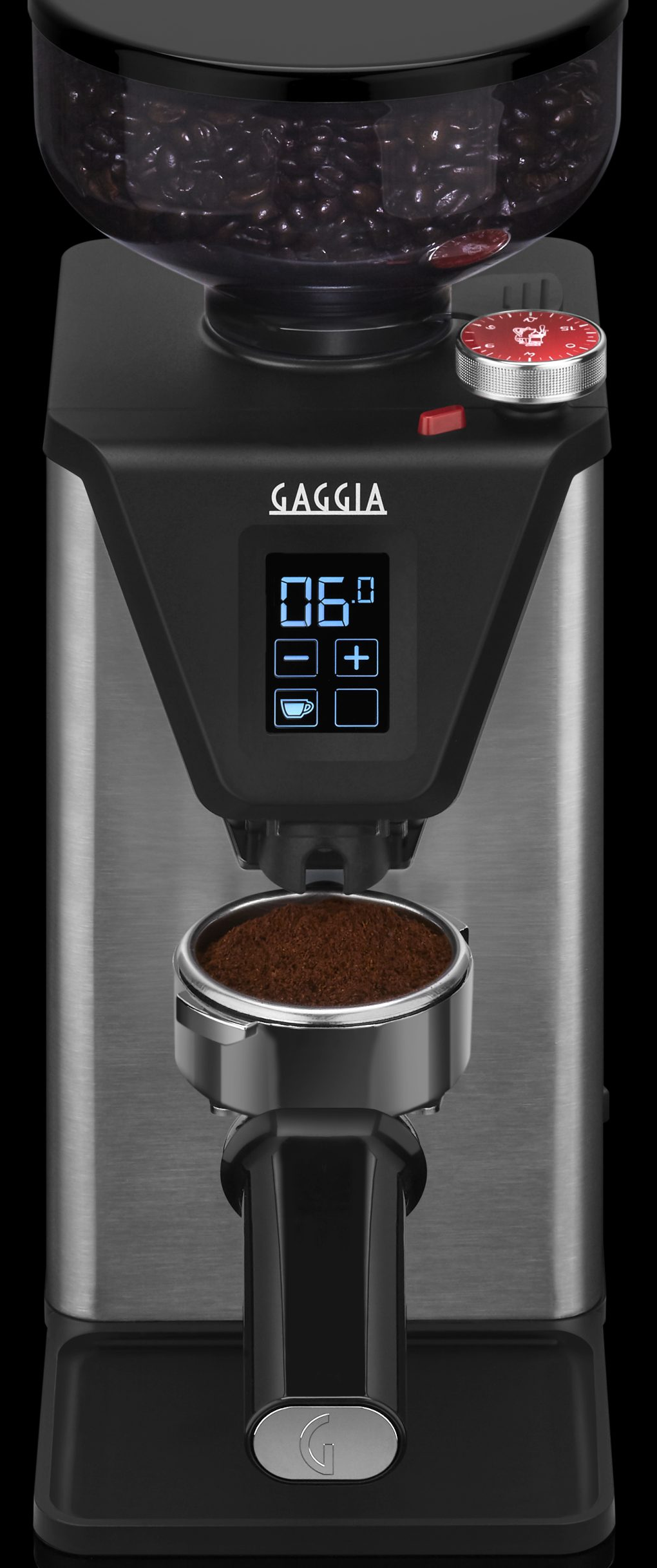 Gaggia eszpresszó őrlő. Fekete és ezüst, digitális kijelző, piros tárcsa, kávébab tartály.