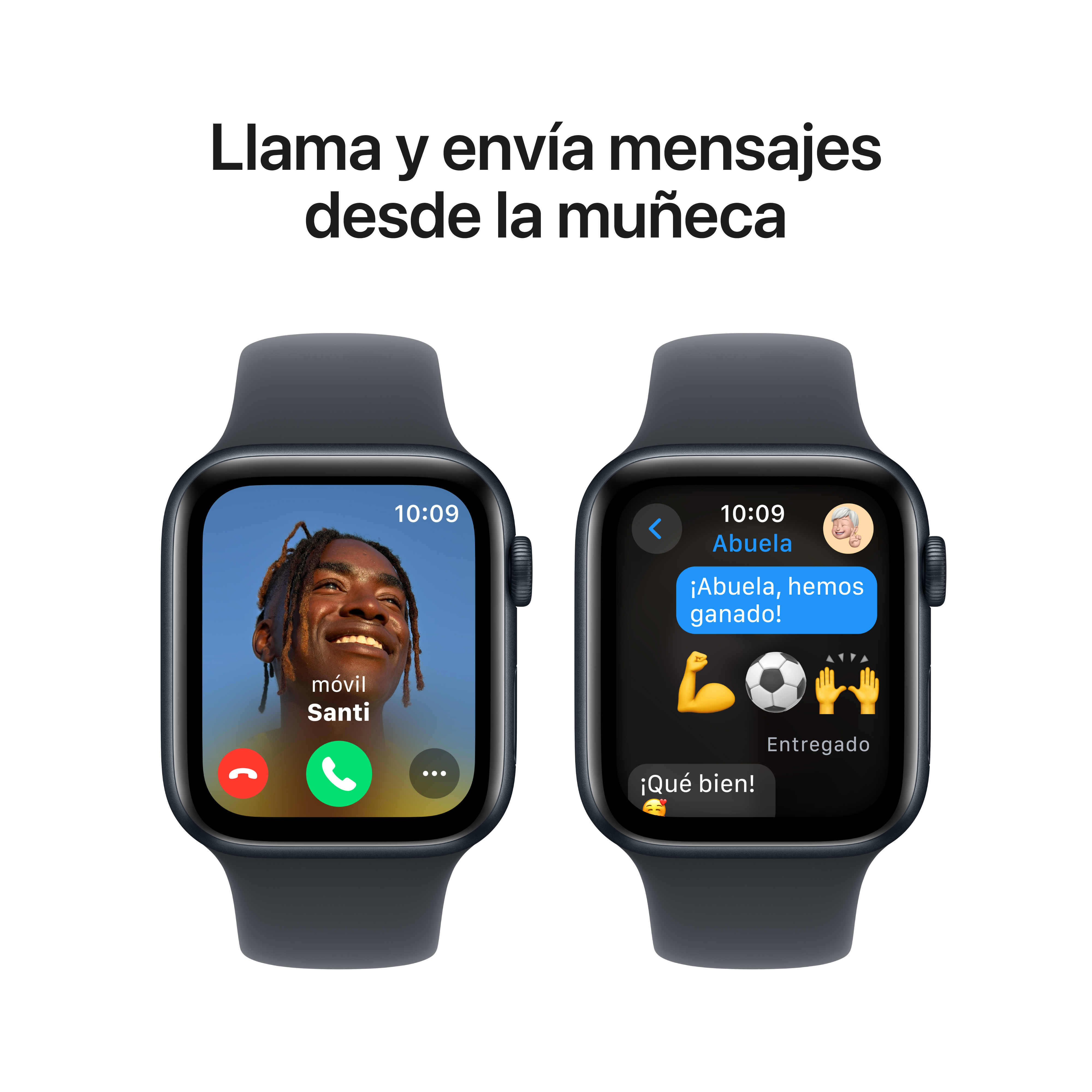Un reloj inteligente que muestra una llamada telefónica y una conversación de mensajes de texto.