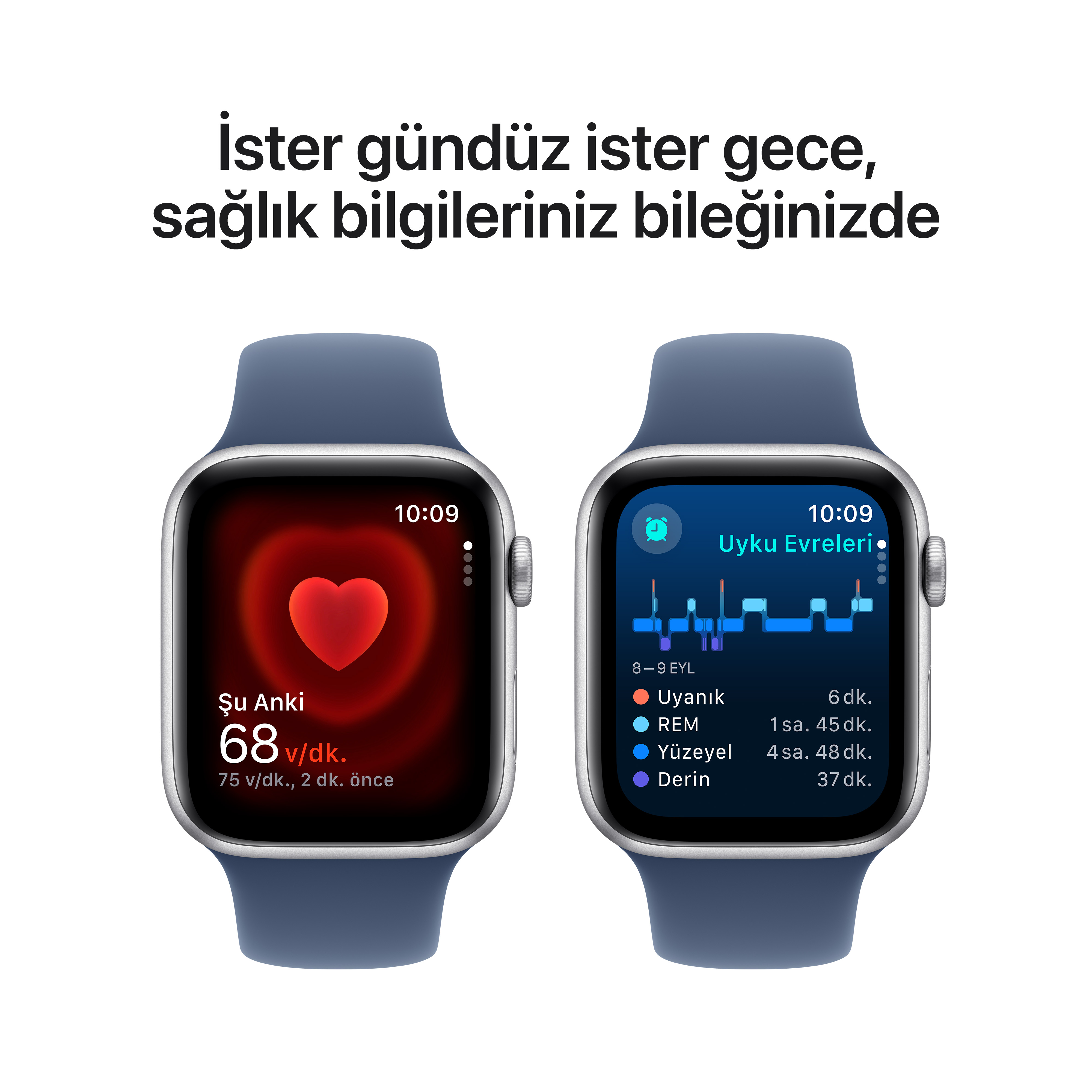 Farklı ekranlarda sağlık verileri gösteren iki akıllı saat. Birinde kalp atış hızı, diğerinde uyku verileri görüntüleniyor.