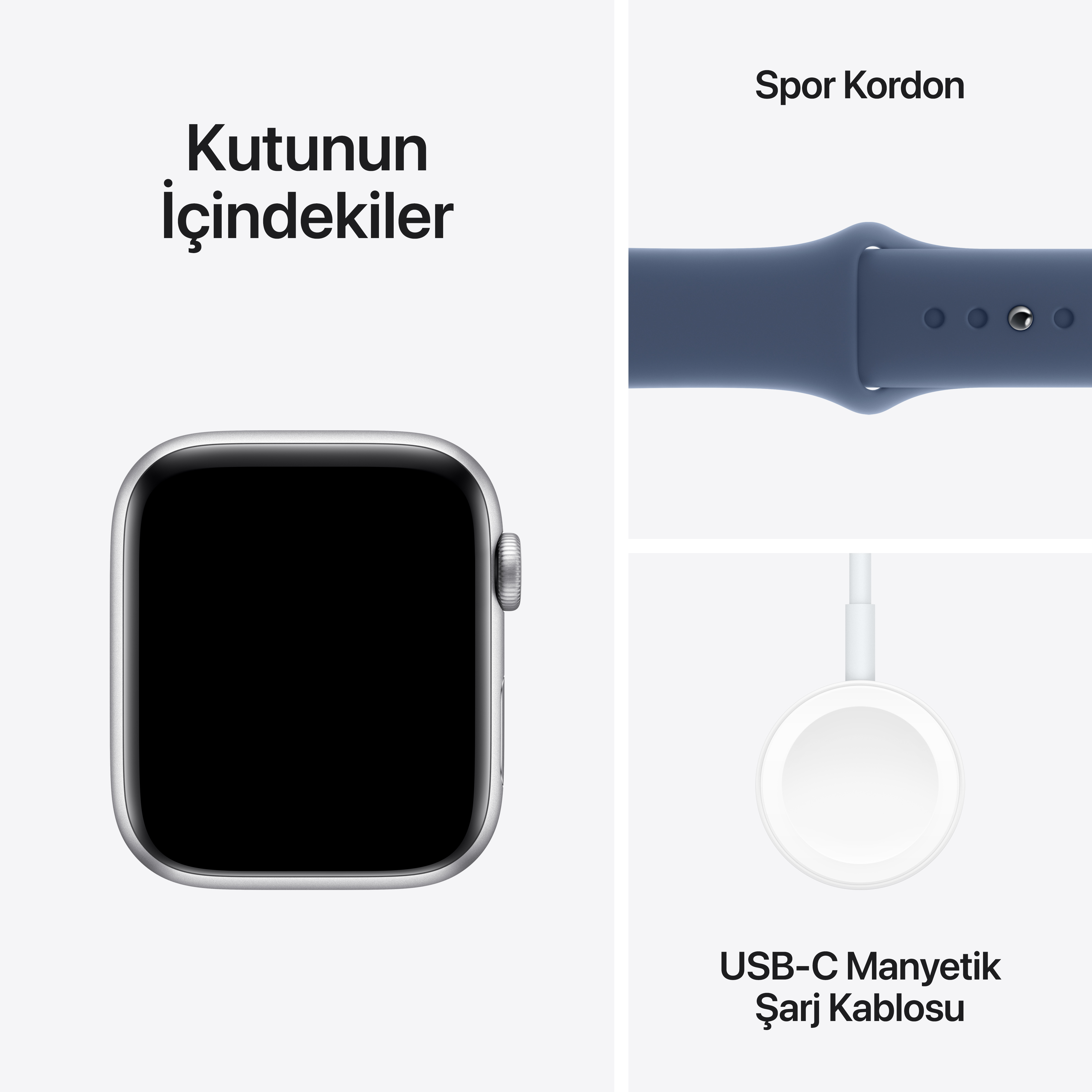 Apple Watch bileşenleri: Saat, spor kayışı ve beyaz bir taban üzerinde USB-C manyetik şarj kablosu.
