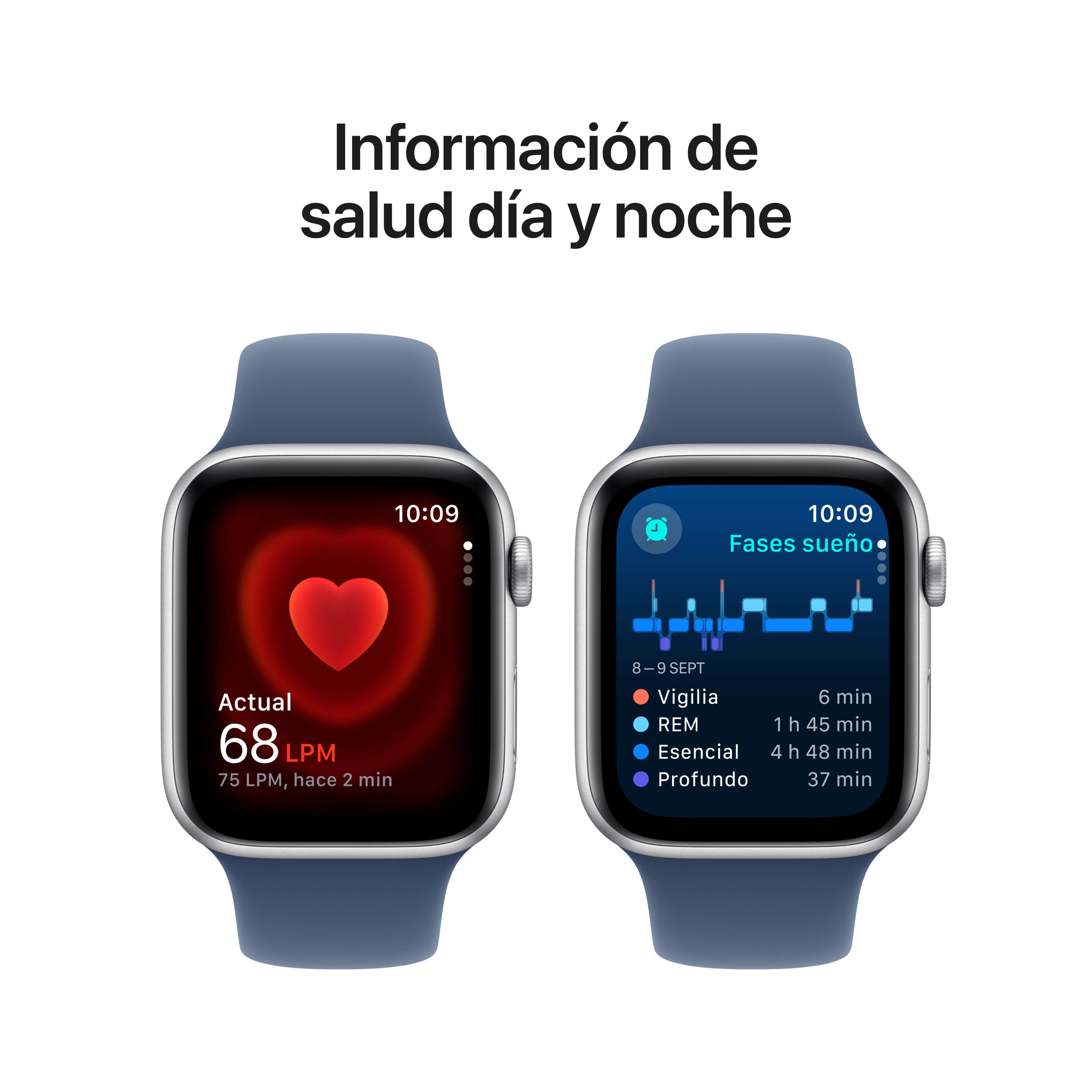 Dos Apple Watches mostrando información de salud. Uno muestra la frecuencia cardíaca, otro las fases del sueño.